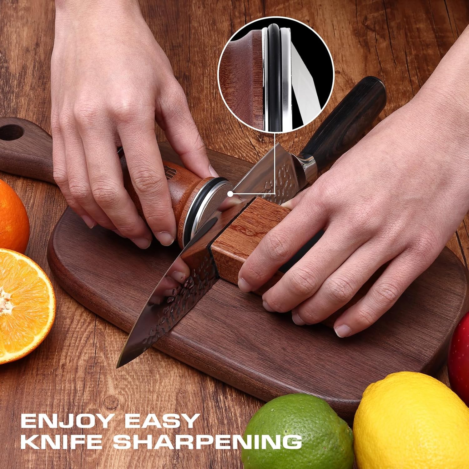 Demonstrates the ease of sharpening knives with the product, highlighting its user-friendly design for kitchen maintenance.