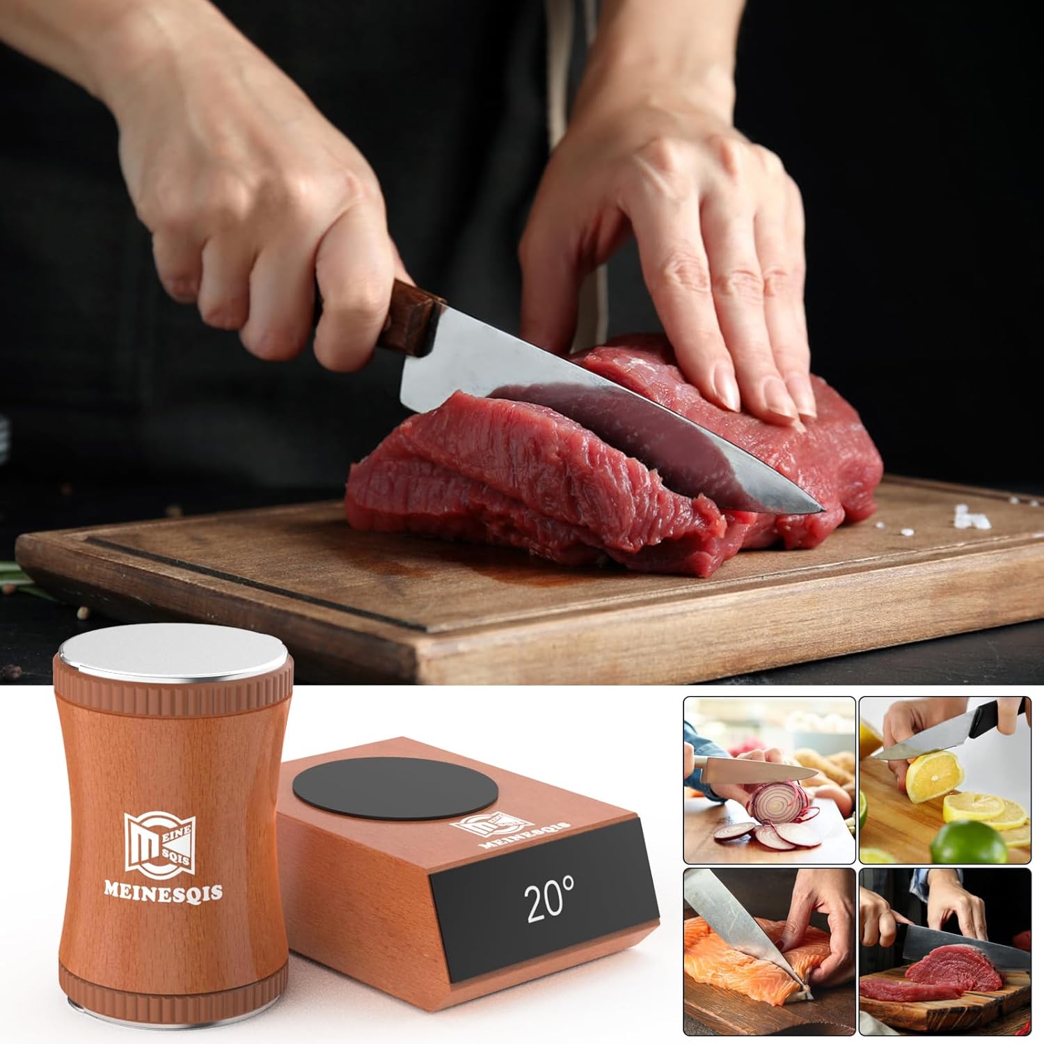 Demonstrates the proper use of the knife sharpener for preparing various foods, emphasizing its versatility and effectiveness. Shows the knife sharpener's…
