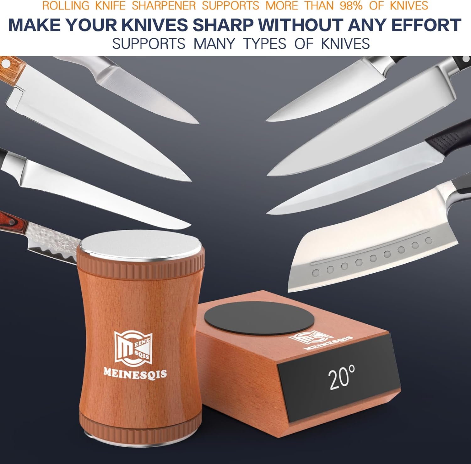 Showcases the knife sharpener's ability to work with multiple knife types and its effortless sharpening capability. Demonstrates that the sharpener is…