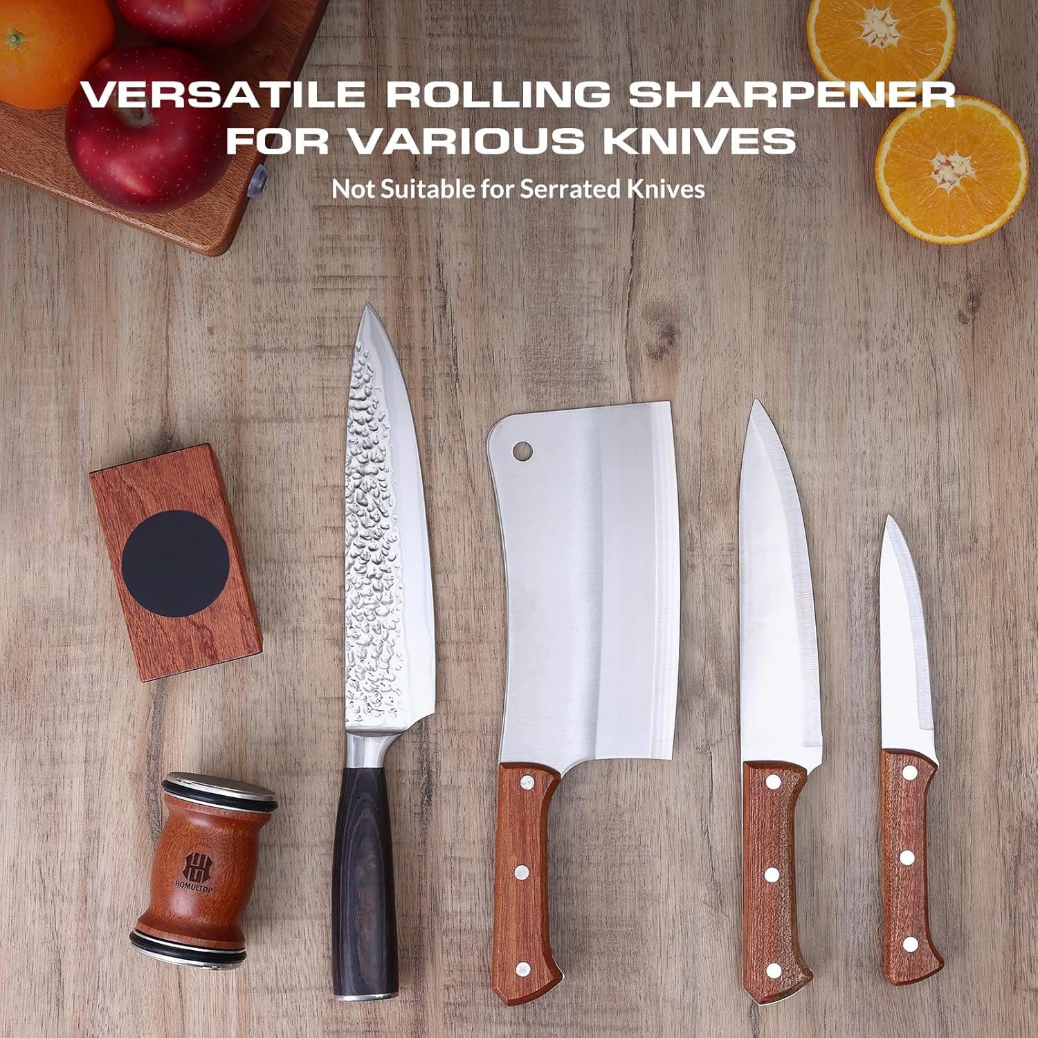 Demonstrates the product's ability to sharpen various types of knives, highlighting its versatility in the kitchen. Informs users about the compatibility…