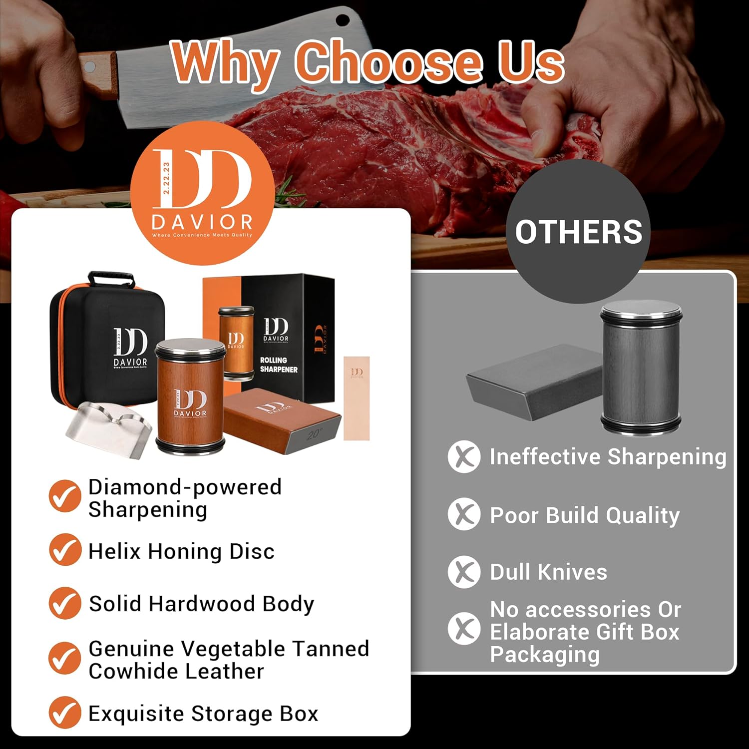 Highlights the superior features and quality of the Davior knife sharpener compared to other brands, emphasizing its unique selling points to persuade…
