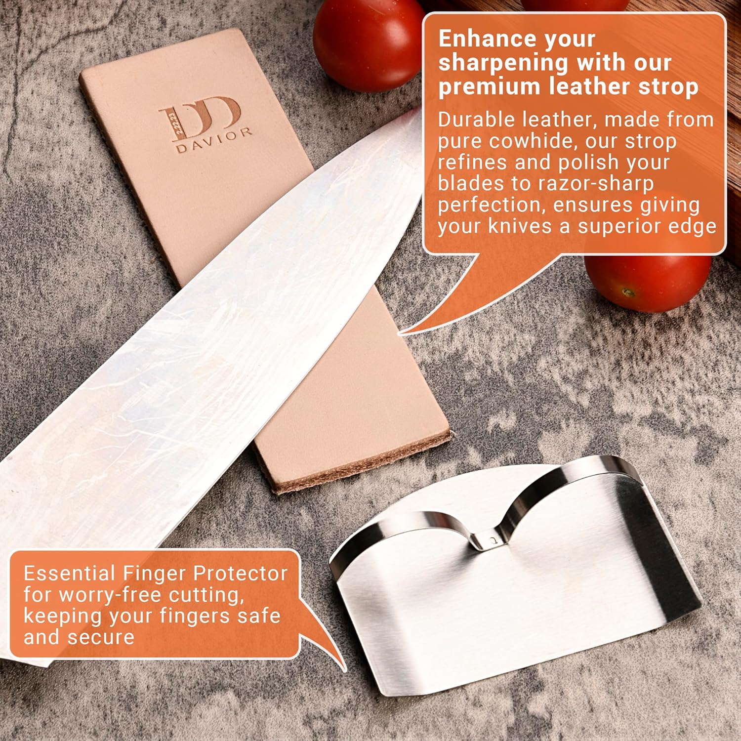 Highlights two key accessories - the leather strop for sharpening knives and the finger protector for safety, emphasizing quality and user protection.