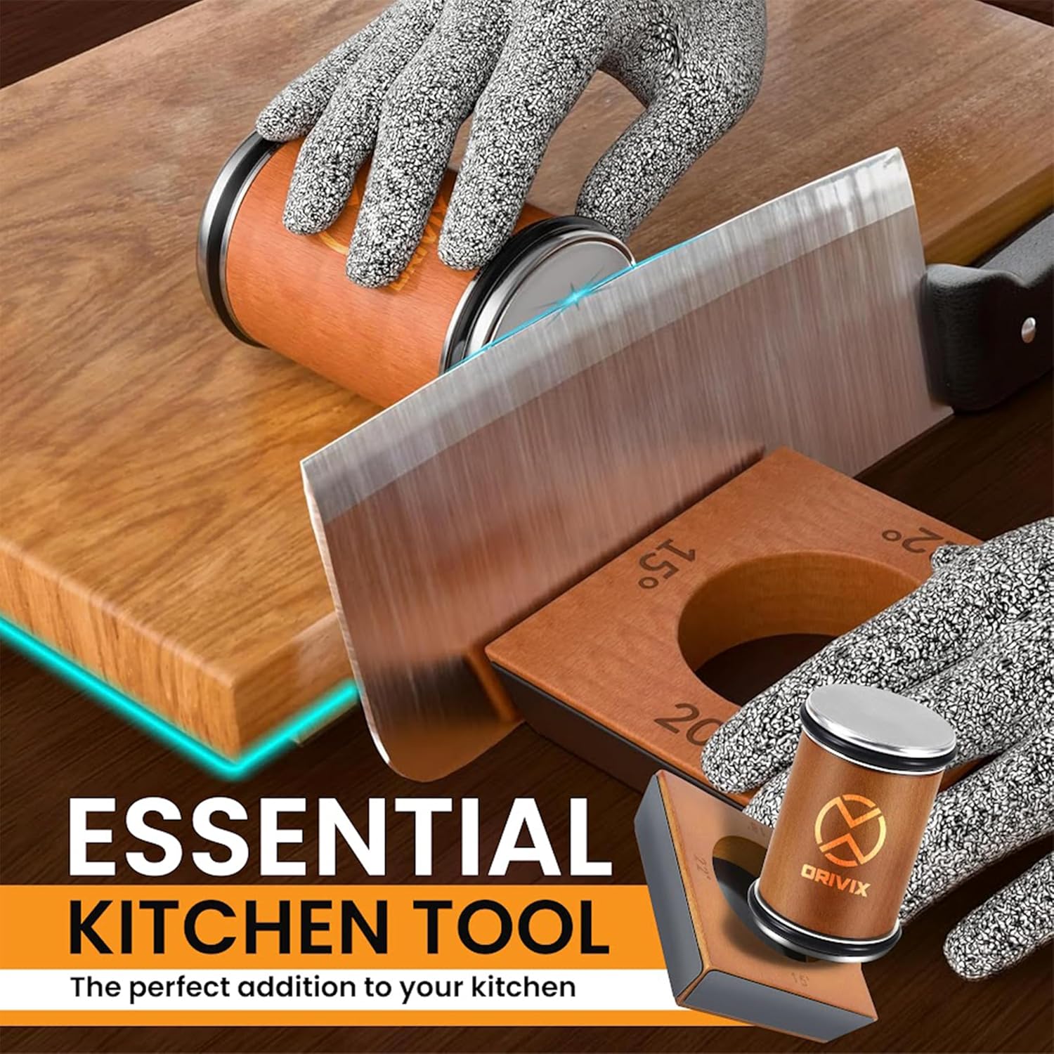Highlights the safety feature of cut-resistant gloves when using the kitchen tool, emphasizing user protection during food preparation.