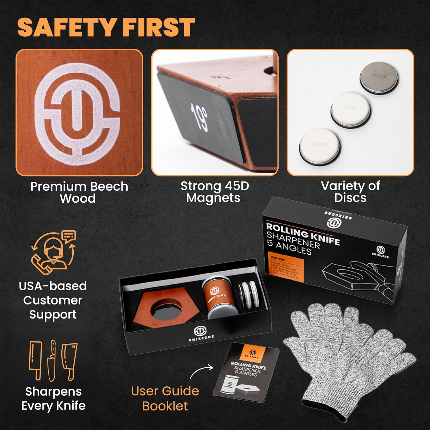Highlights multiple product features and benefits to showcase quality, durability, and customer care. Shows all items included in the knife sharpener set, giving customers a clear understanding of…