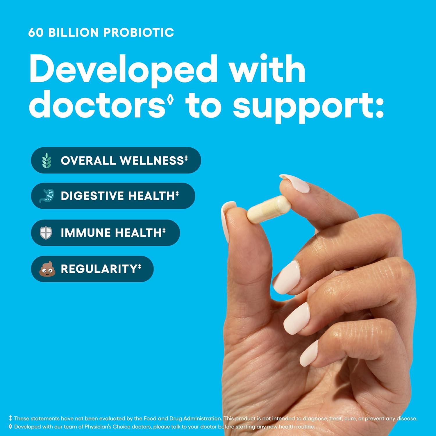 Highlights multiple health benefits of the probiotic supplement to show its comprehensive support for various aspects of wellness. Emphasizes that the product was developed with doctors to build…