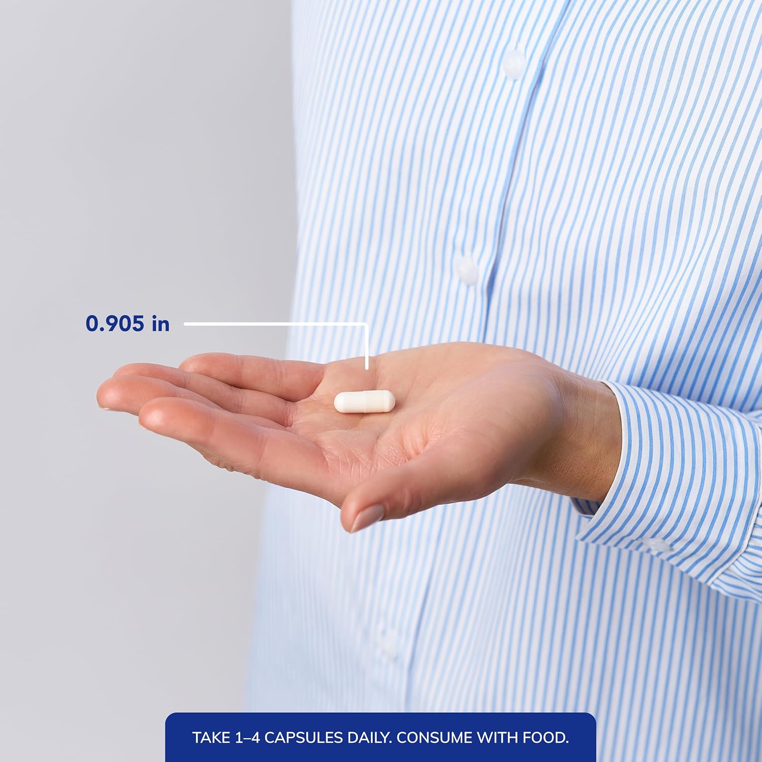 Shows the small size of the capsule to reassure customers about ease of swallowing. Provides clear instructions on how many capsules to take and when to consume them.