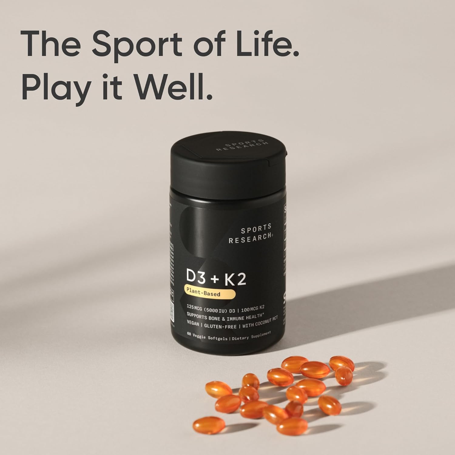 Reinforces the brand's positioning as a lifestyle-oriented supplement company while showcasing their D3+K2 product.