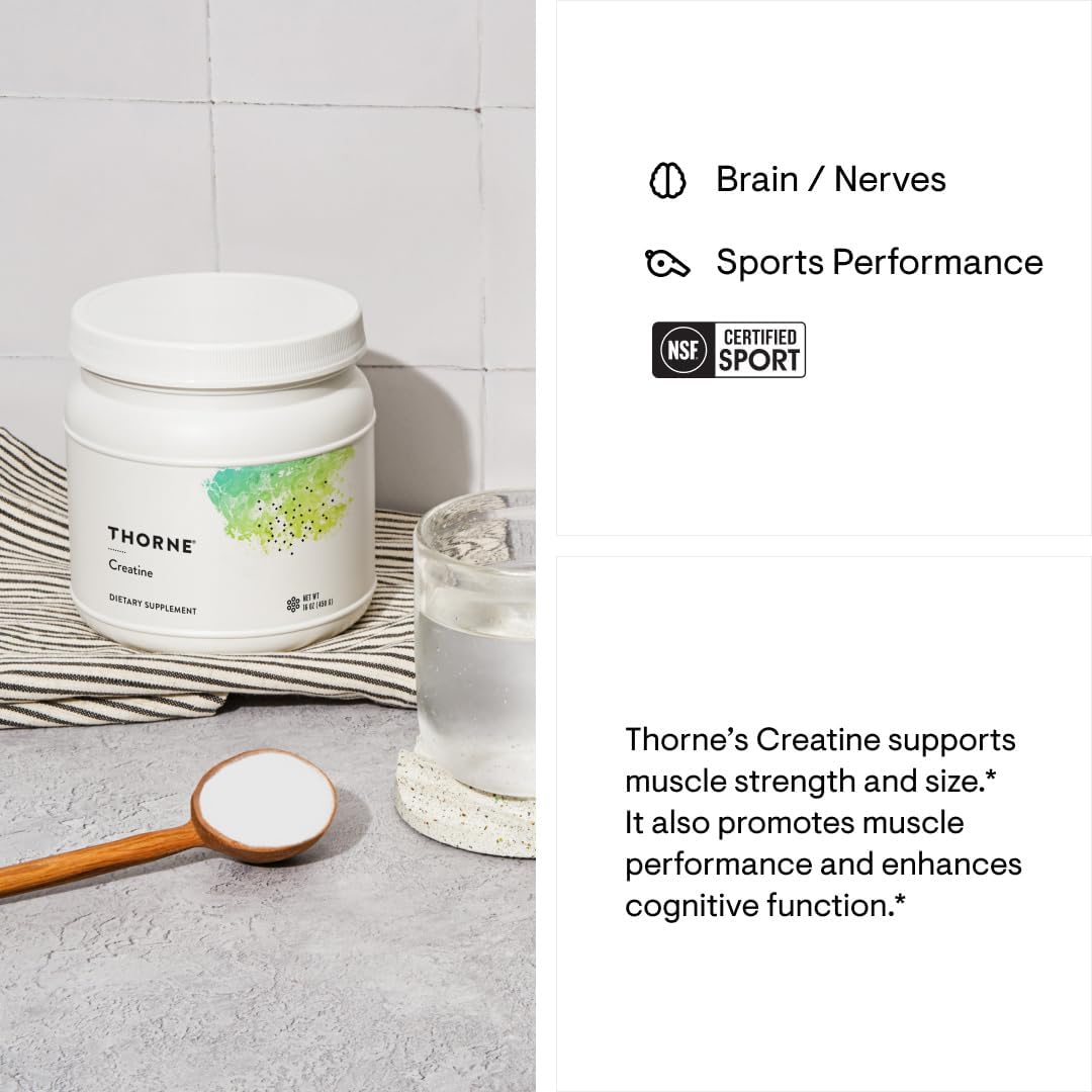 Highlights multiple benefits of the Thorne Creatine supplement, including muscle strength, cognitive function, and sports performance enhancement. Emphasizes the product's safety and quality by…