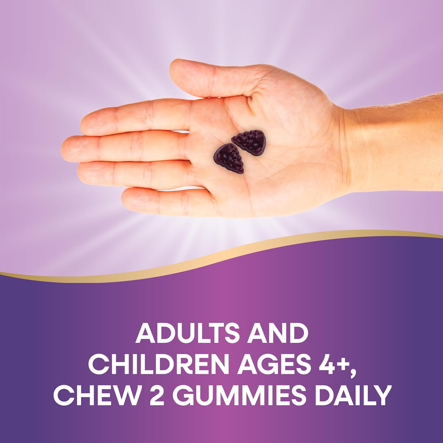 Provides clear dosage instructions for the gummy supplement, showing the recommended daily intake for both adults and children.