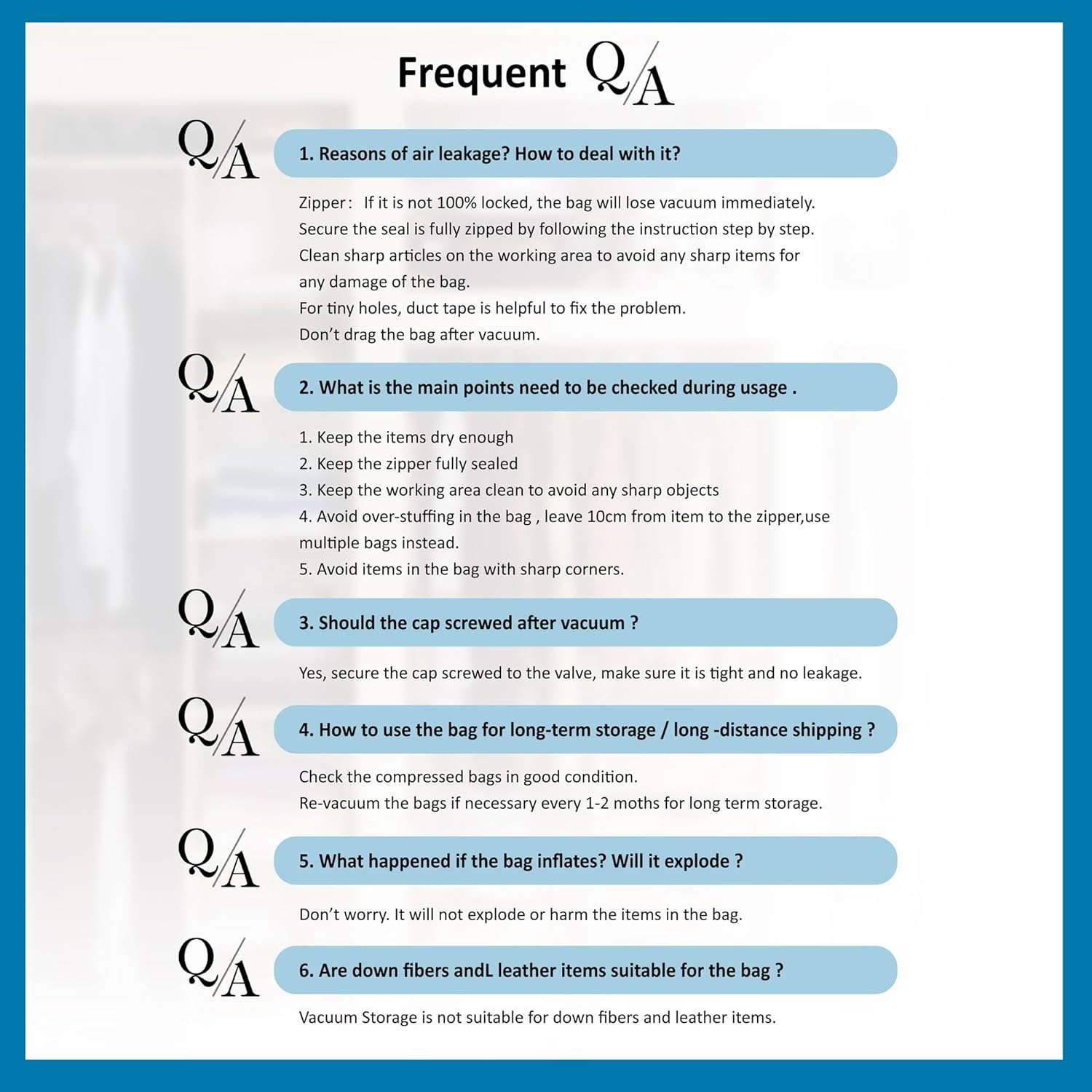 Provides detailed instructions and tips on how to properly use and maintain vacuum storage bags, addressing common issues and questions.