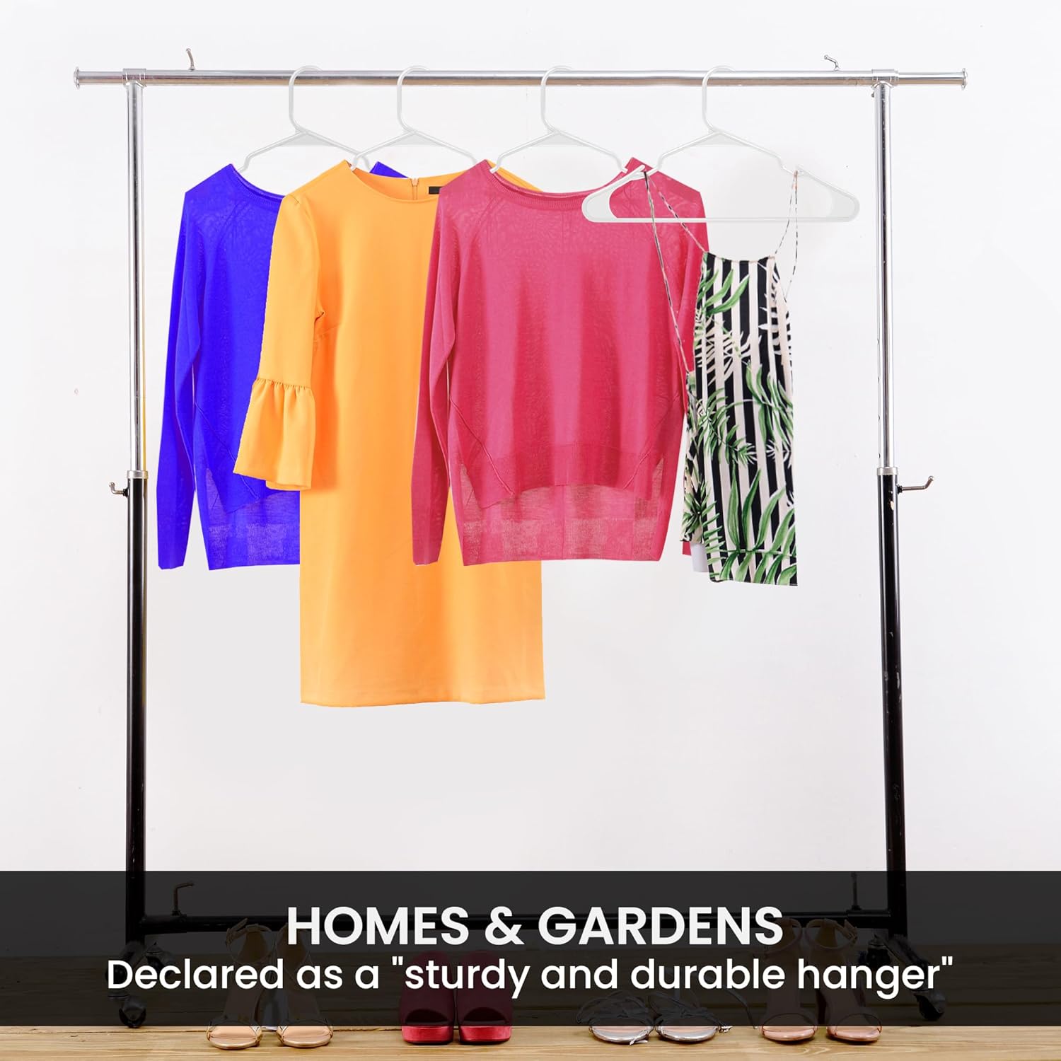 Highlights the clothing rack's strength and durability to reassure shoppers it can reliably hold multiple garments.