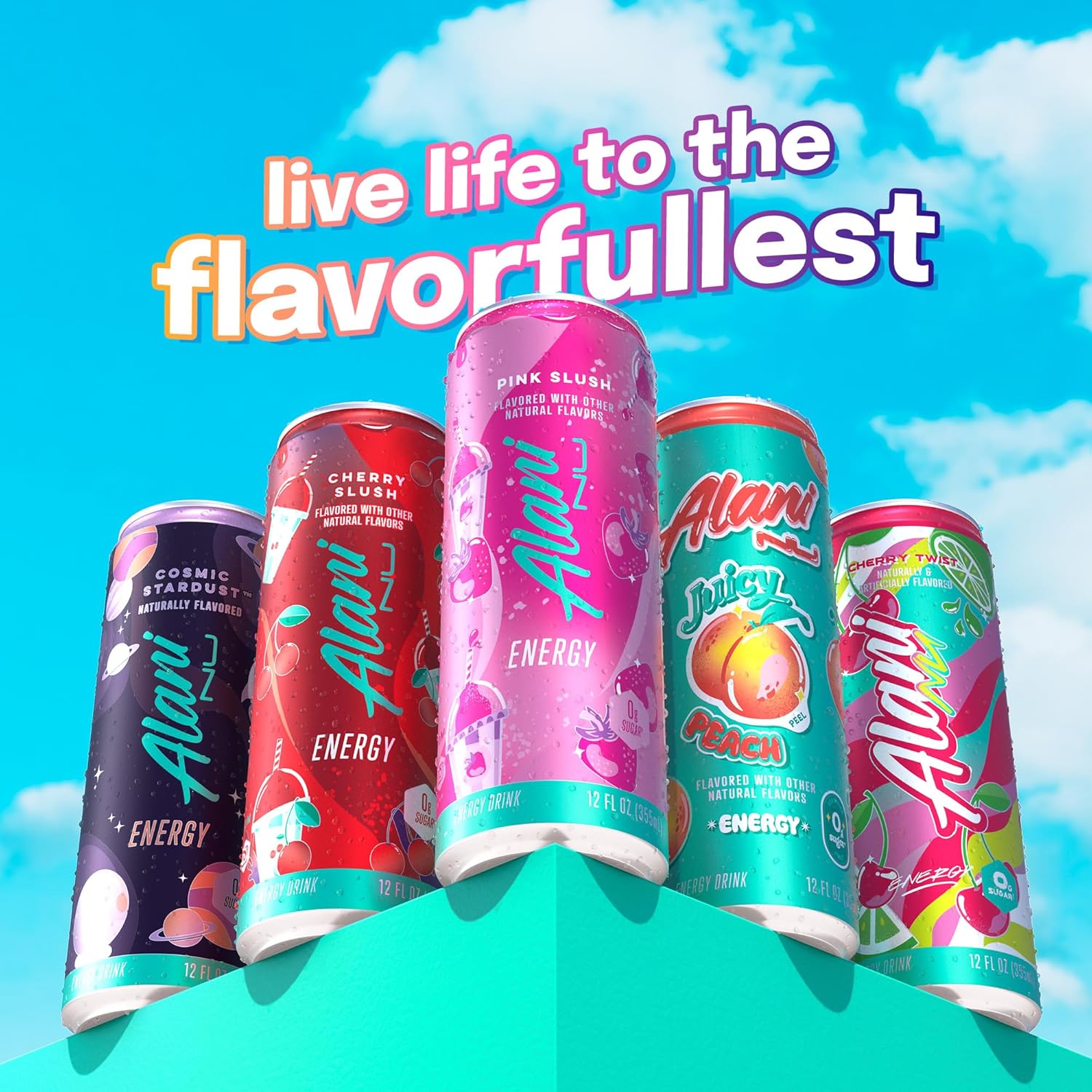 Showcases the variety of flavors available while reinforcing the brand's fun and vibrant identity. Demonstrates the different flavor options available to appeal to various taste preferences.