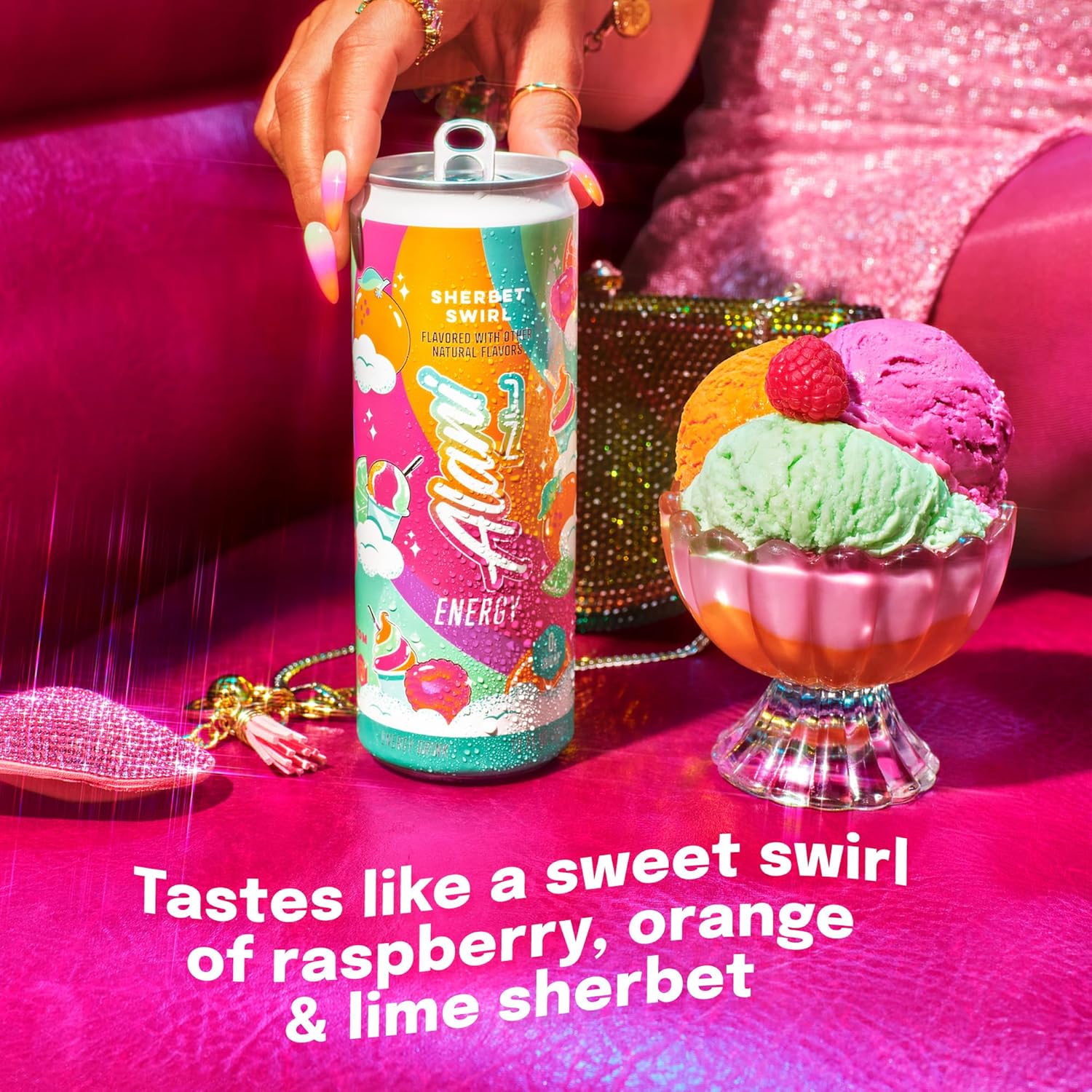 Highlights the unique flavor combination of the energy drink, comparing it to a sherbet dessert to appeal to consumers' taste preferences.
