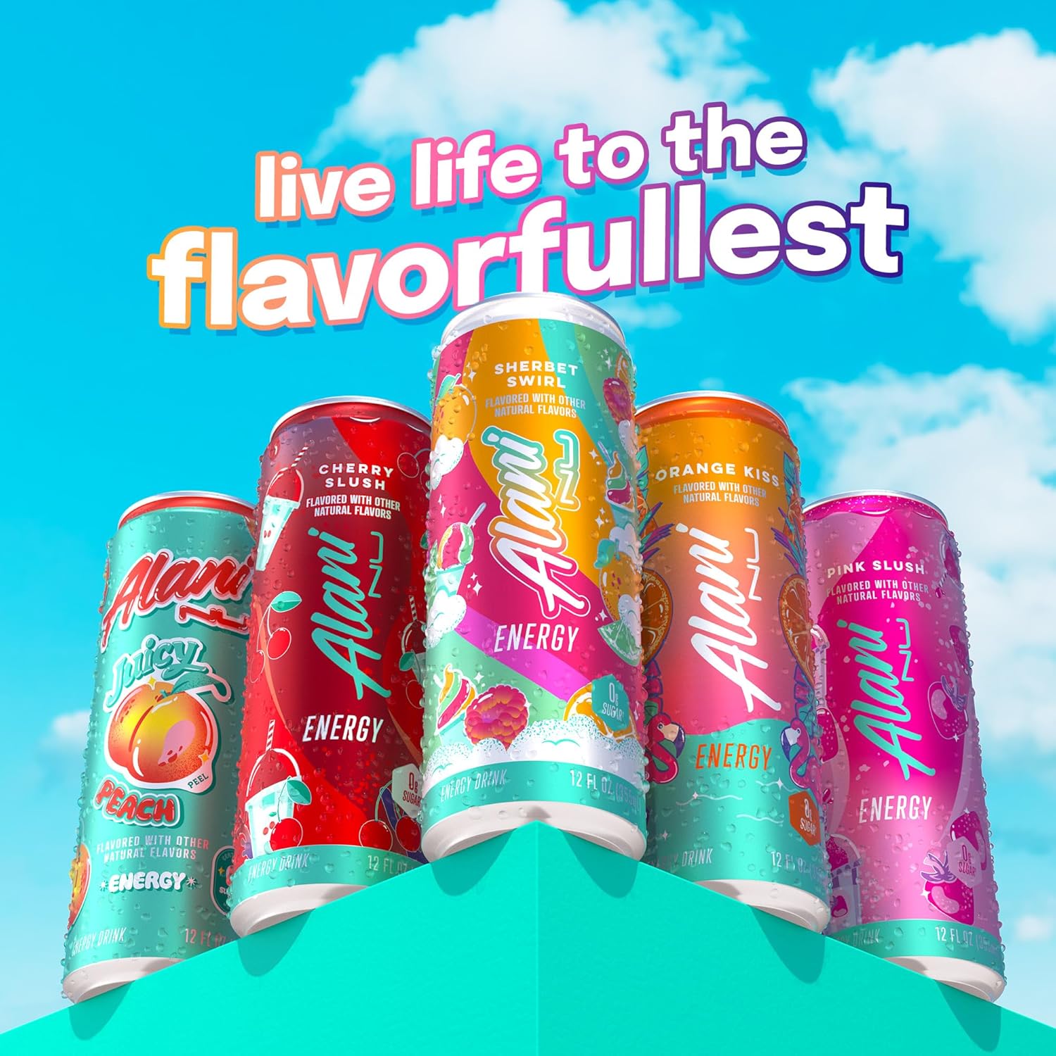 Showcases the variety of flavors available in the Alani energy drink line while emphasizing the brand's fun and vibrant personality.