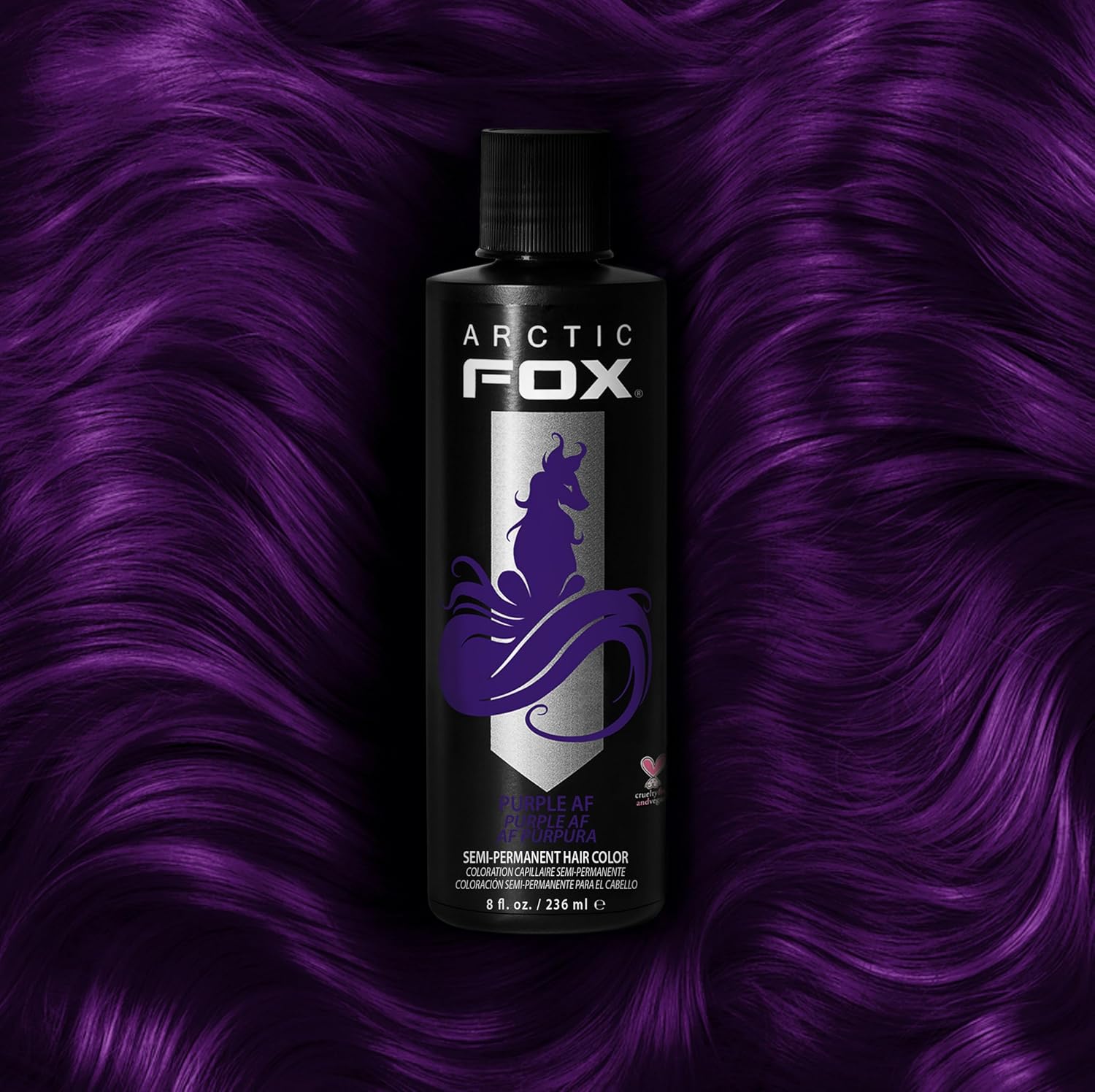 Showcases the intense purple hair color result achievable with the product, appealing to customers seeking bold hair transformations.