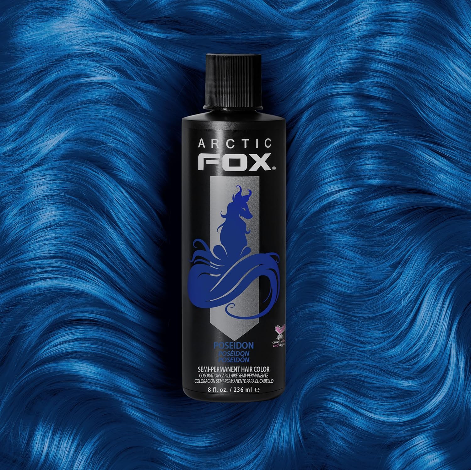 Showcases the intense blue hair color achievable with the product, demonstrating its effectiveness for bold hair transformations.