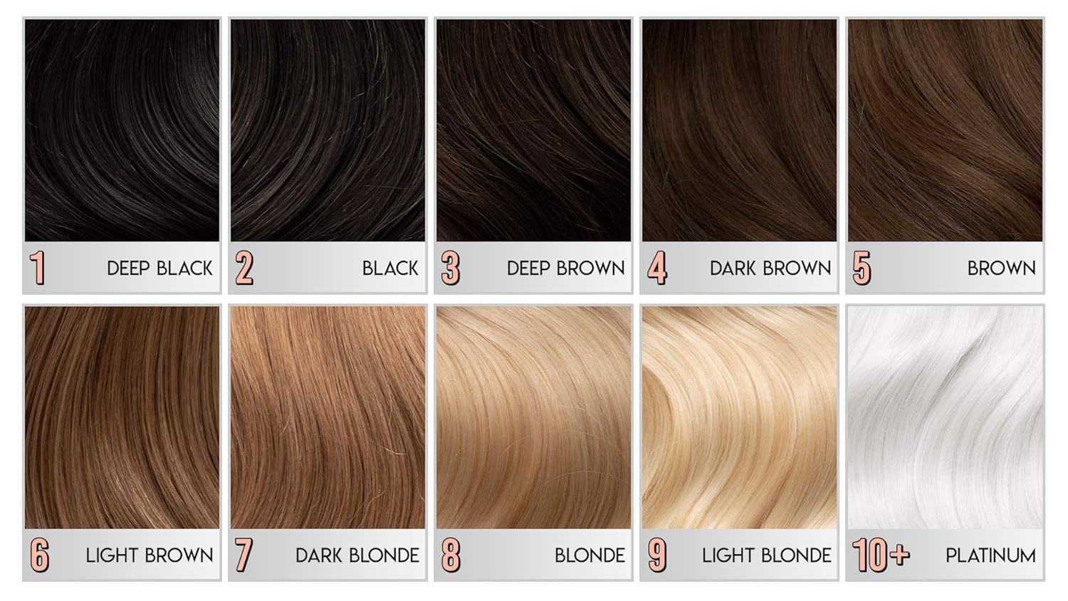 Guides customers in selecting the appropriate hair color shade by displaying a range of options from deep black to platinum blonde.