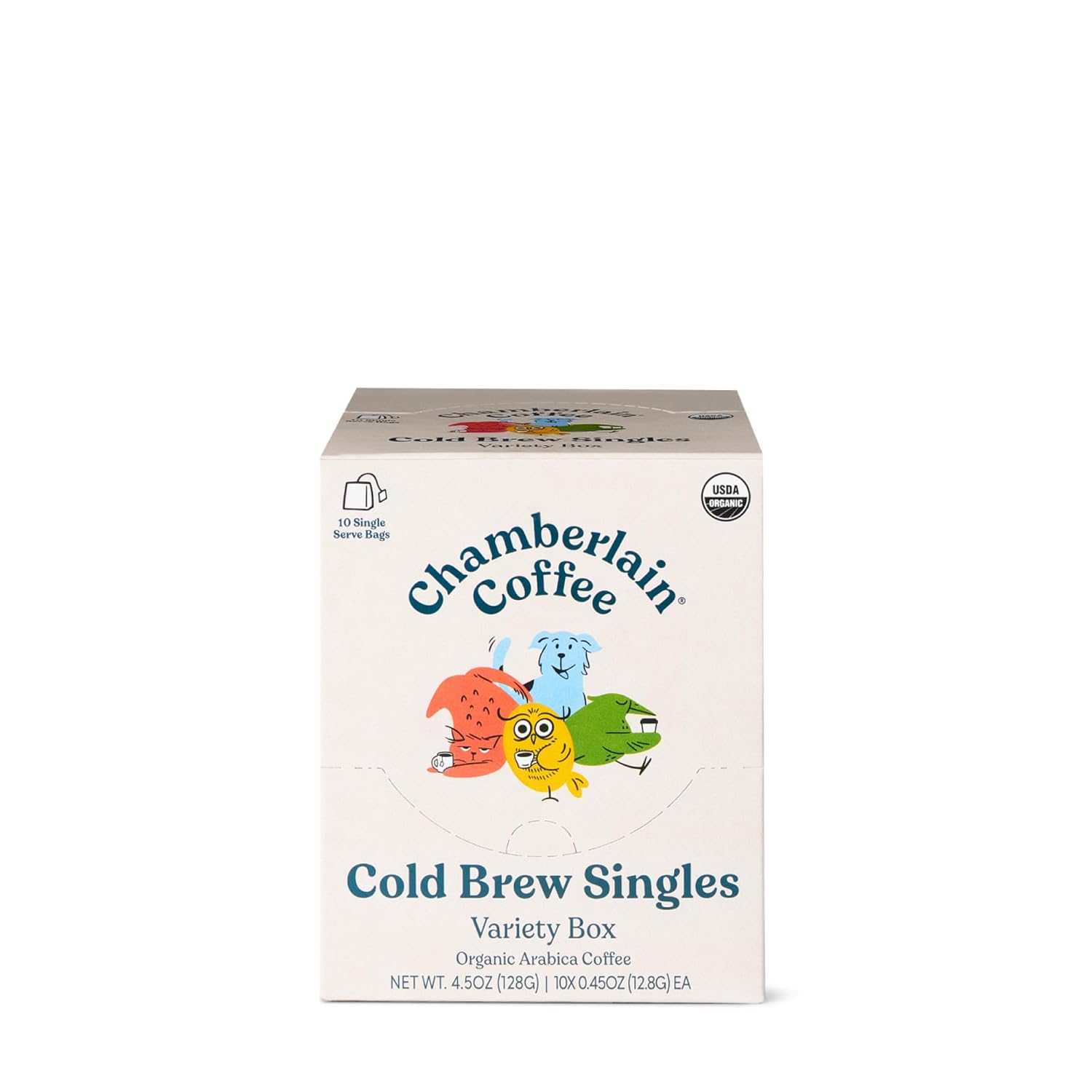 Shows the product packaging and highlights that it contains 10 single-serve bags of cold brew coffee.