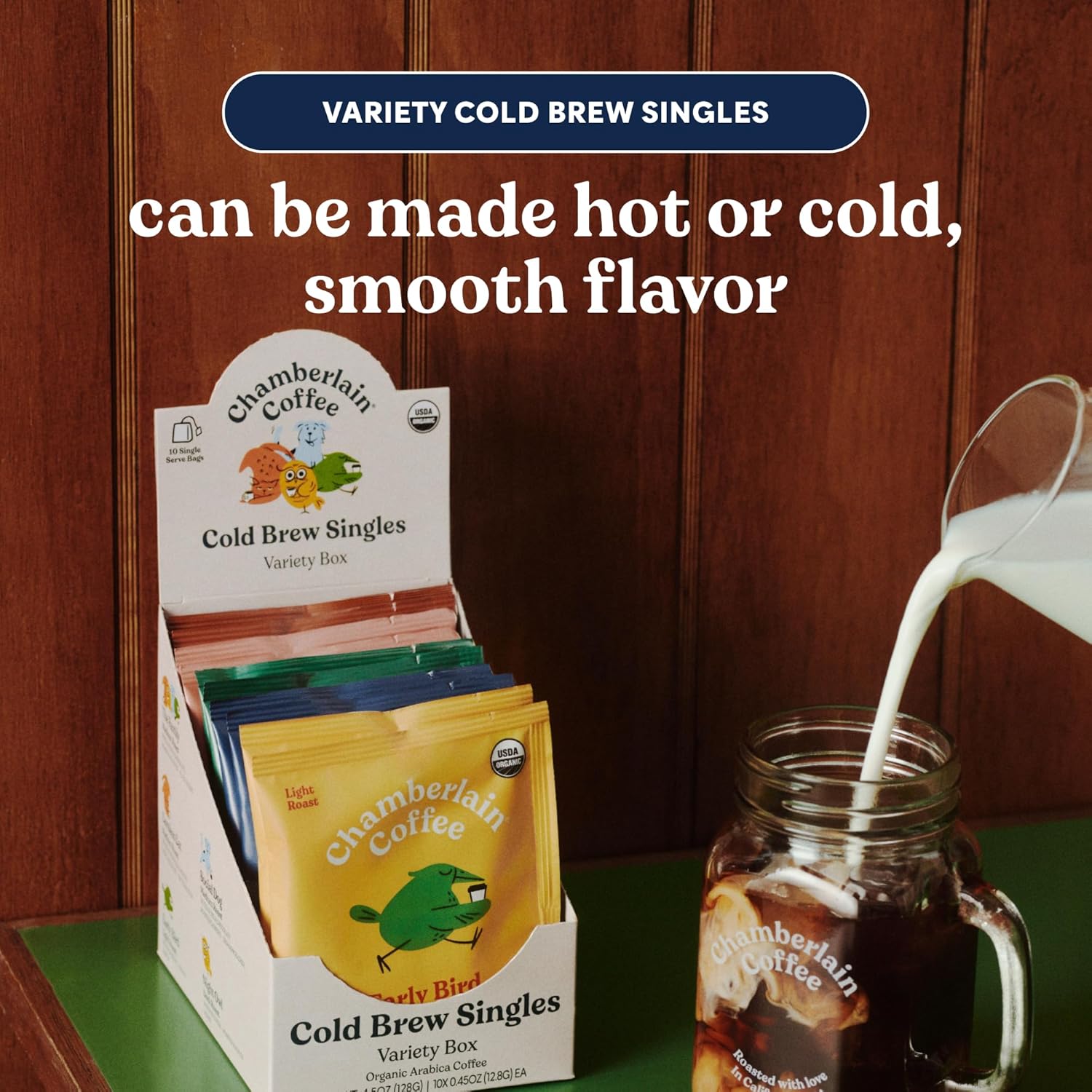 Highlights that the cold brew singles can be prepared both hot or cold, emphasizing the product's versatility and smooth flavor.