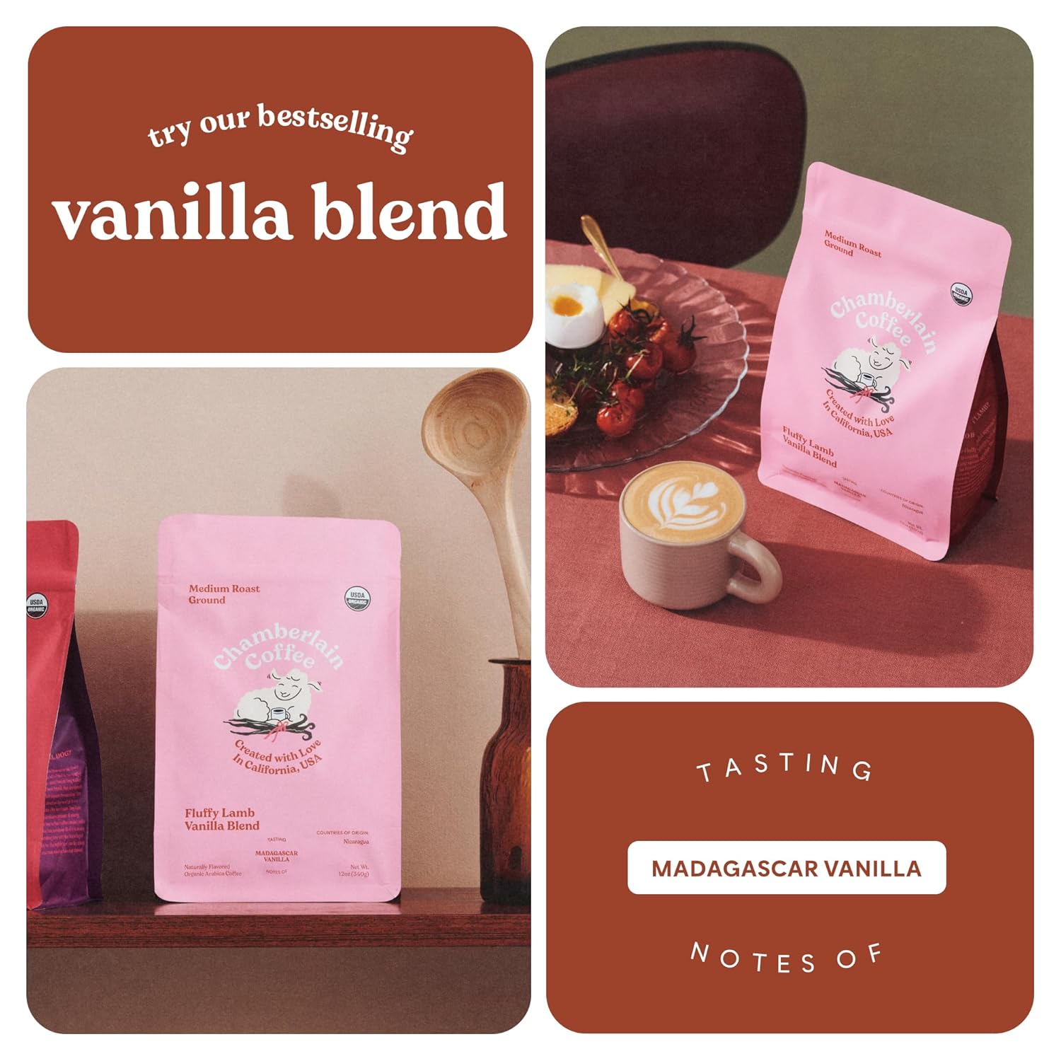 Highlights the bestselling vanilla blend coffee to attract customers interested in flavored coffee options. Shows the product in a real-world context to help customers envision enjoying the coffee…