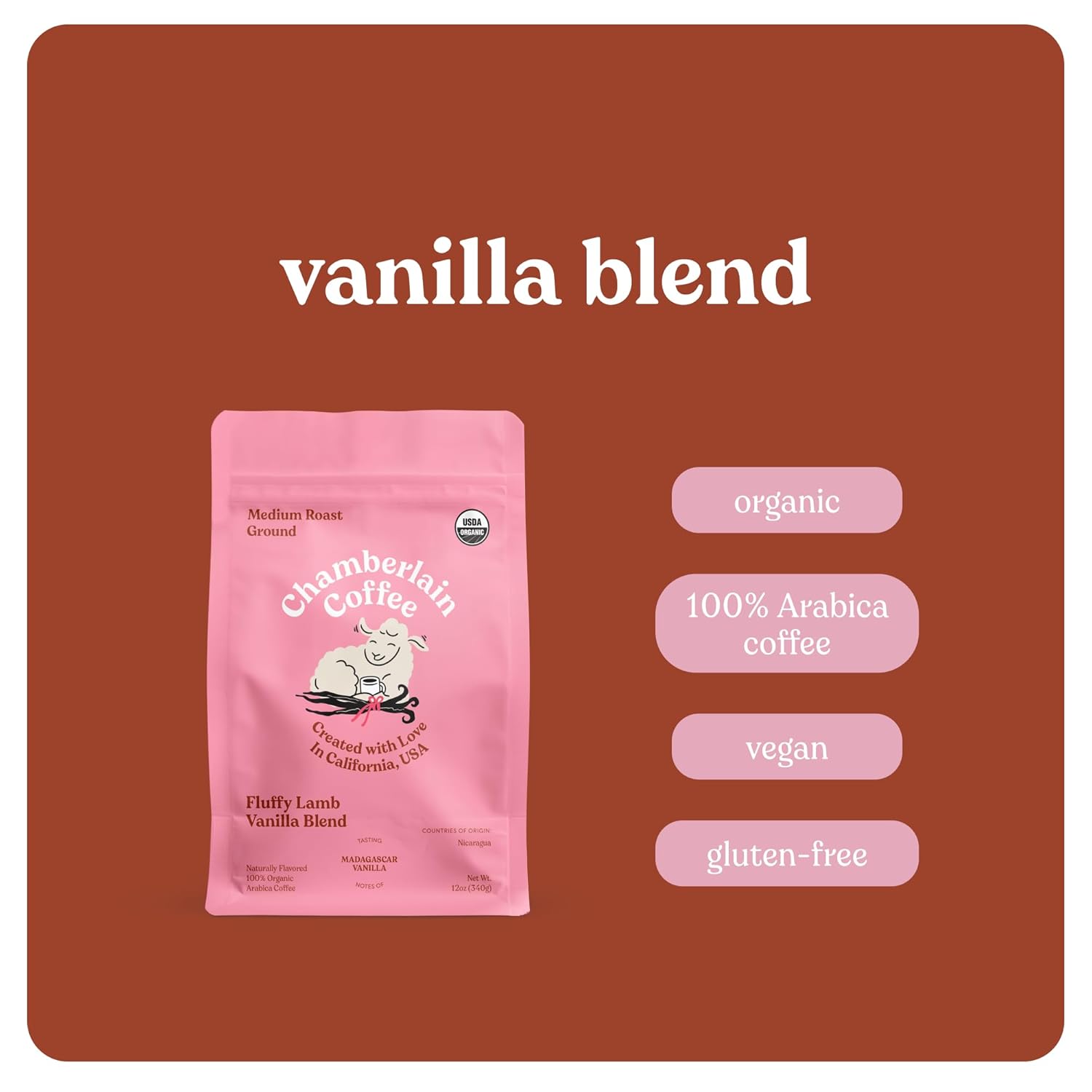 Highlights multiple key features of the coffee blend to appeal to health-conscious and quality-focused consumers.