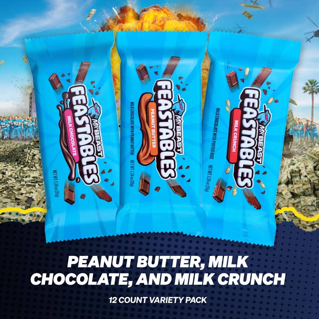 Showcases the different flavors available in the product variety pack, highlighting the range of options for customers. Reinforces the Feastables brand identity and showcases their product line of…