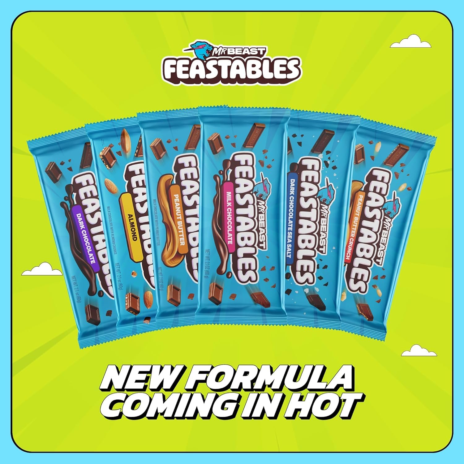 Showcases the range of flavors available in the MrBeast Feastables product line, highlighting the variety of options for customers. Informs customers about a new formula for the product line,…