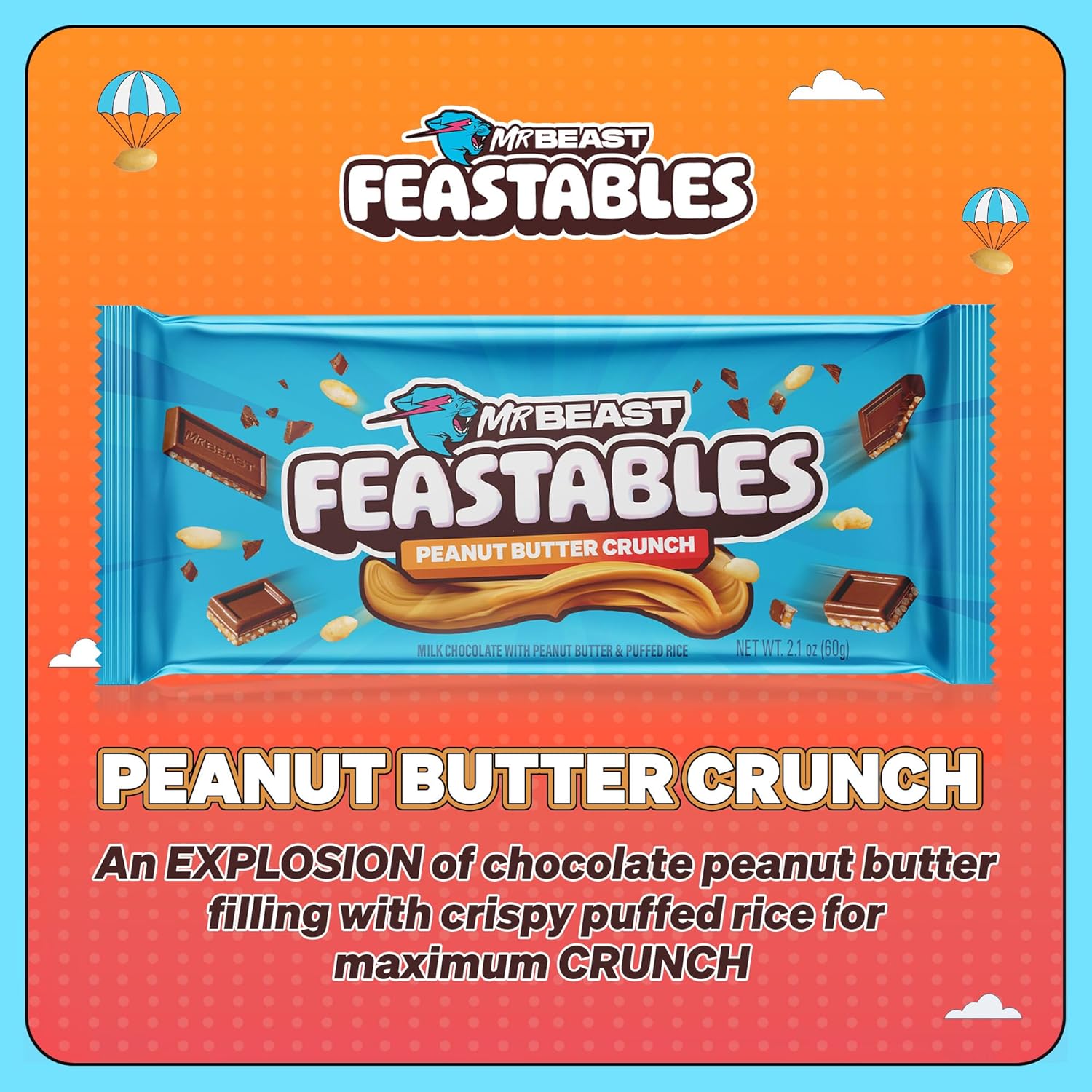 Highlights the product's key flavor and texture, emphasizing the combination of chocolate, peanut butter, and crispy puffed rice for a crunchy experience.
