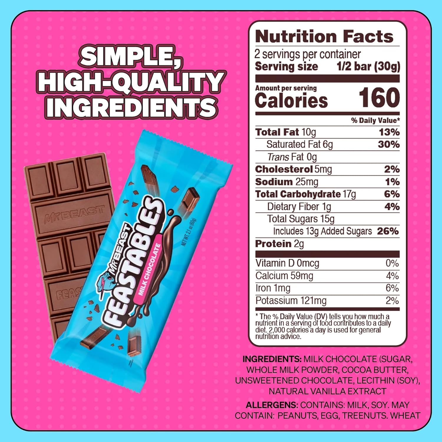 Highlights the product's simple, high-quality ingredients while providing detailed nutritional information to inform the shopper about the product's contents and health impact.