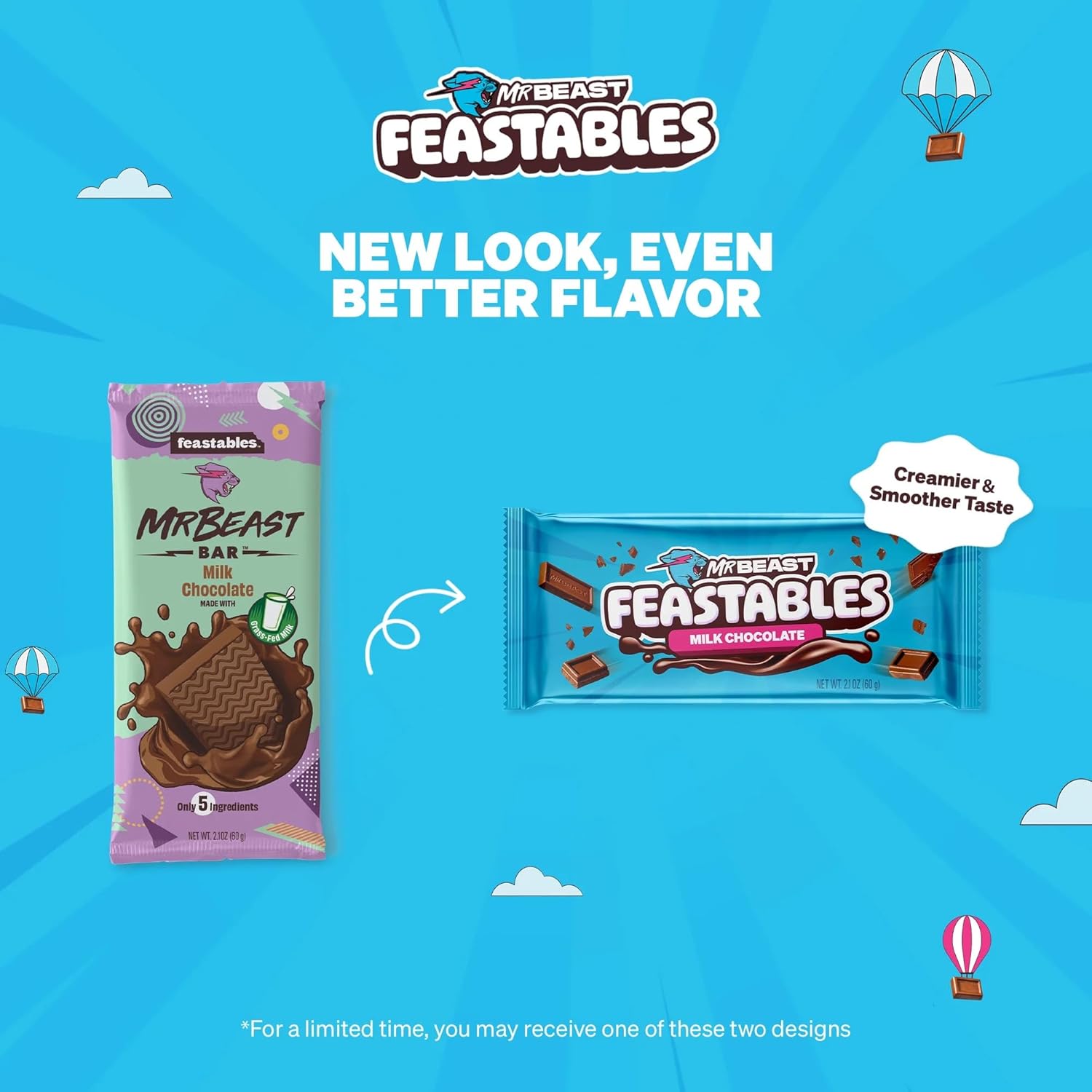 Informs customers about the product's new look and enhanced taste, emphasizing the upgrade in both appearance and flavor.