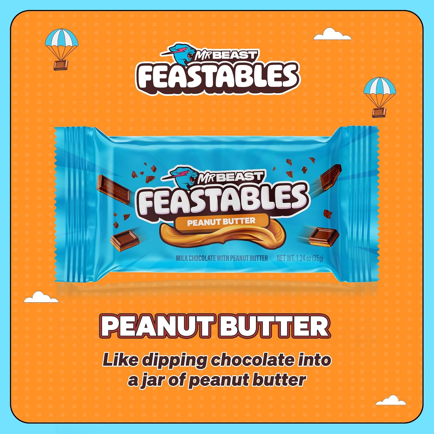 Highlights the unique peanut butter flavor of the product, comparing it to the experience of dipping chocolate into peanut butter.