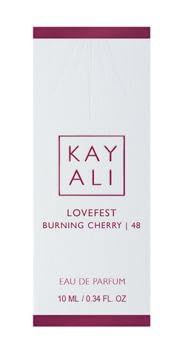 Introduces the brand name 'KAY ALI' and the specific fragrance 'LOVEFEST BURNING CHERRY' to establish brand identity and product recognition.
