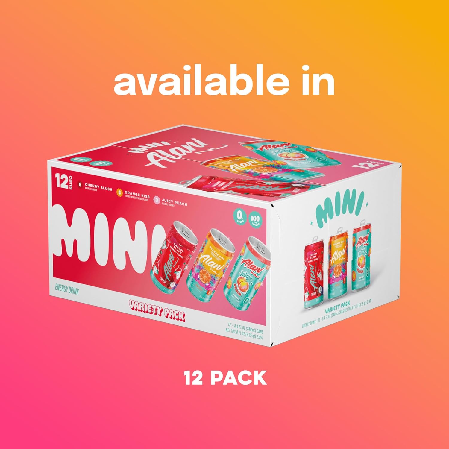 Showcases the different flavors included in the 12-pack variety box of MINI energy drinks.