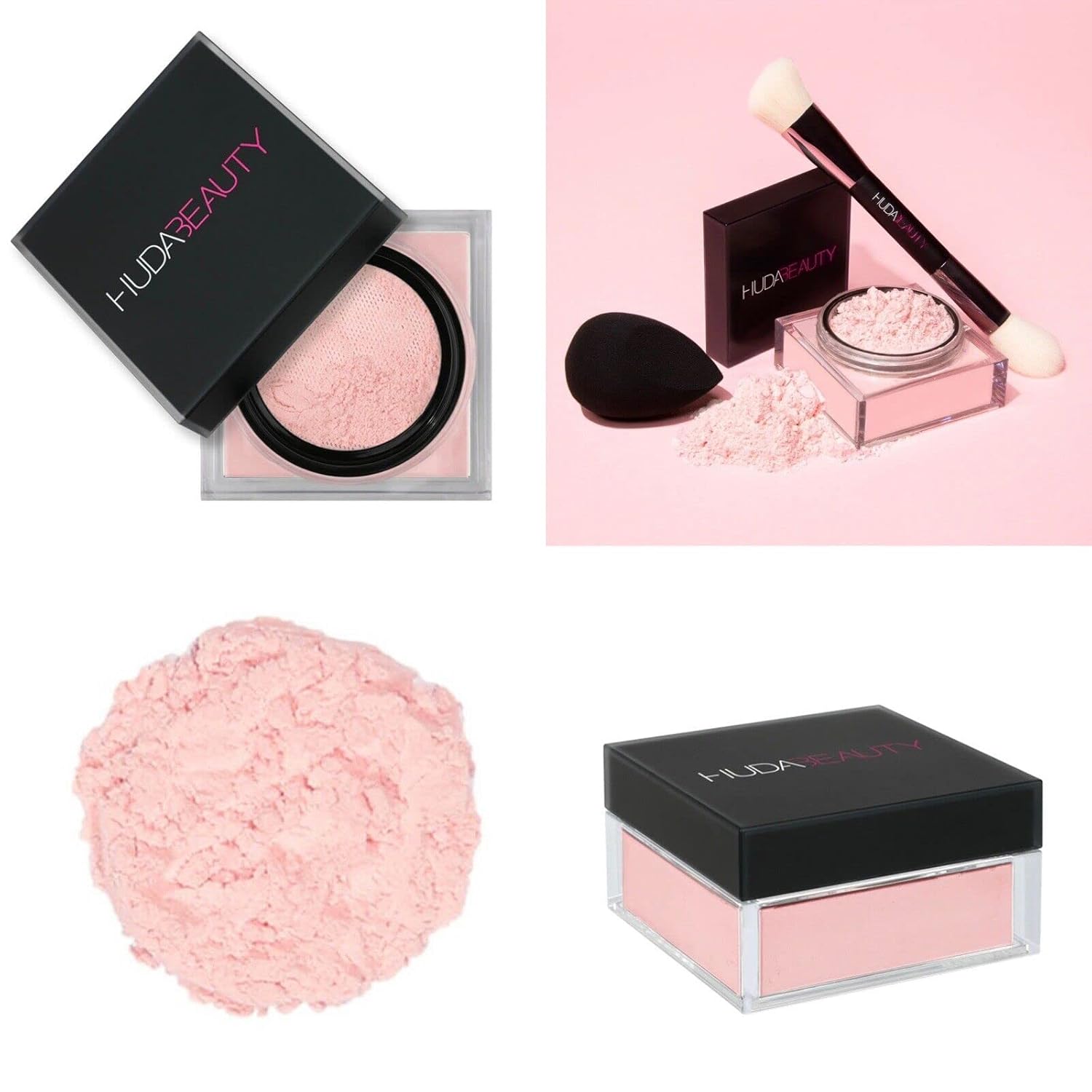 Shows the complete set of makeup products included, highlighting the powder, applicator tools, and packaging. Emphasizes the fine, light pink texture of the powder product to showcase its quality…