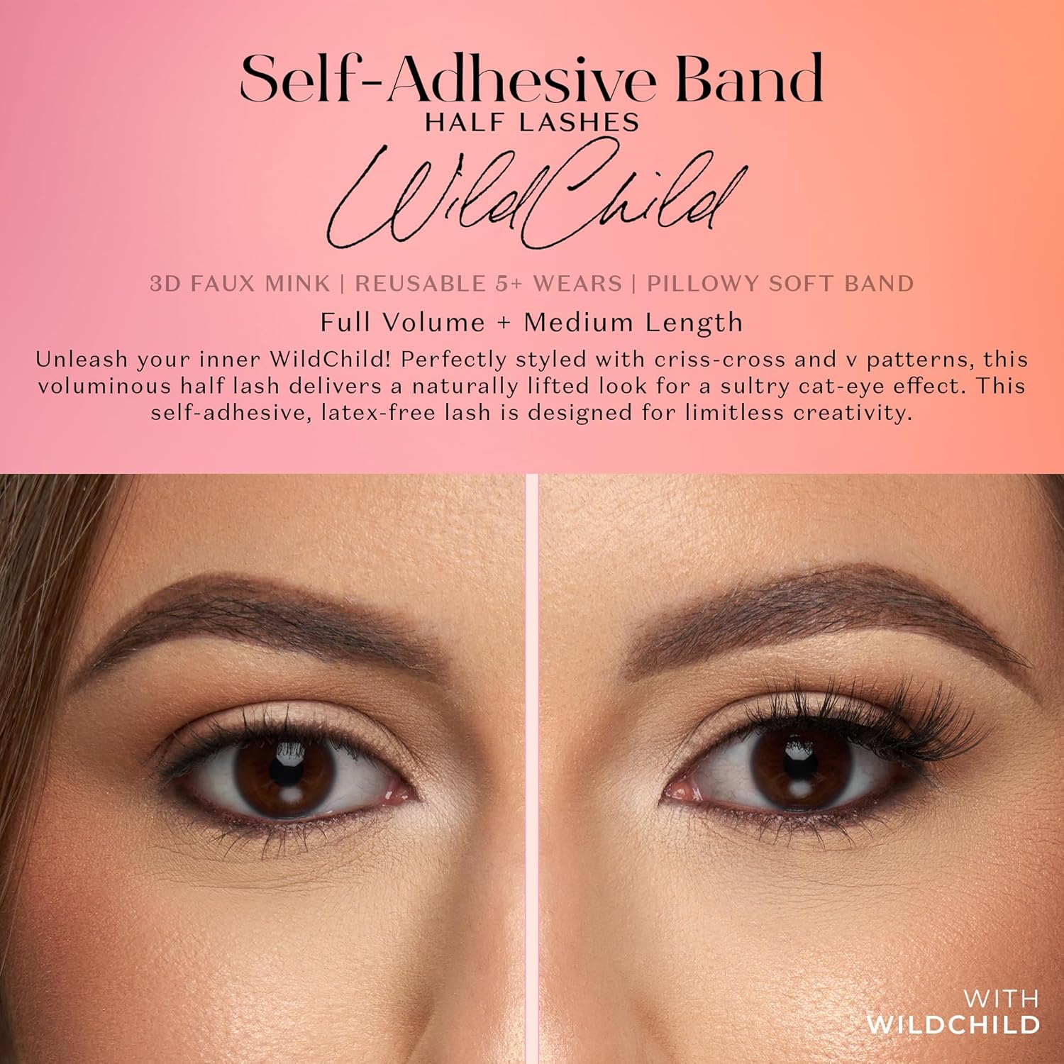 Demonstrates the dramatic effect of the self-adhesive lash band by showing eyes with and without the product applied. Highlights the key feature of the product being a self-adhesive band for easy…