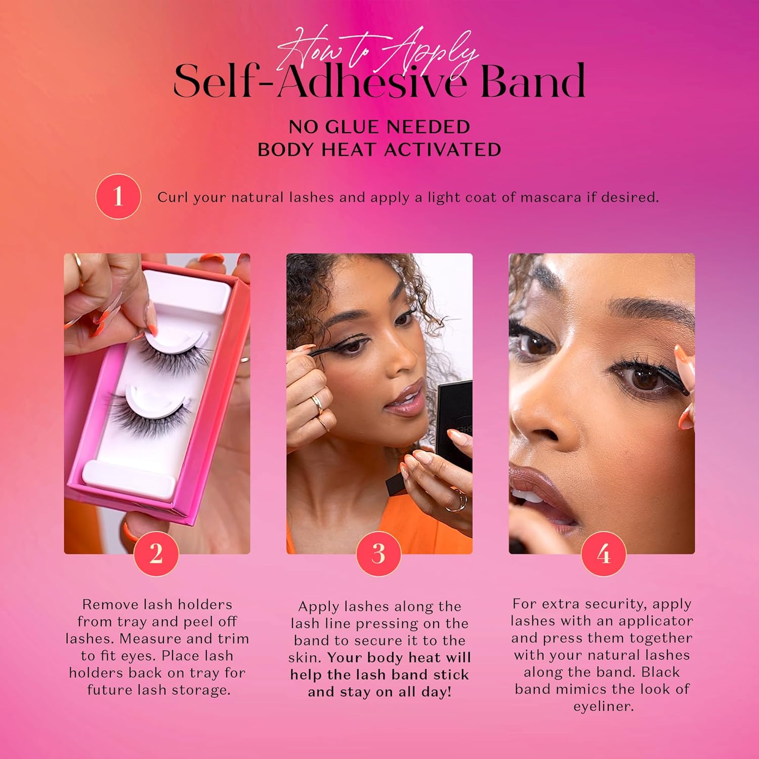 Provides step-by-step instructions on how to apply self-adhesive lashes, emphasizing the ease of use and no-glue feature.