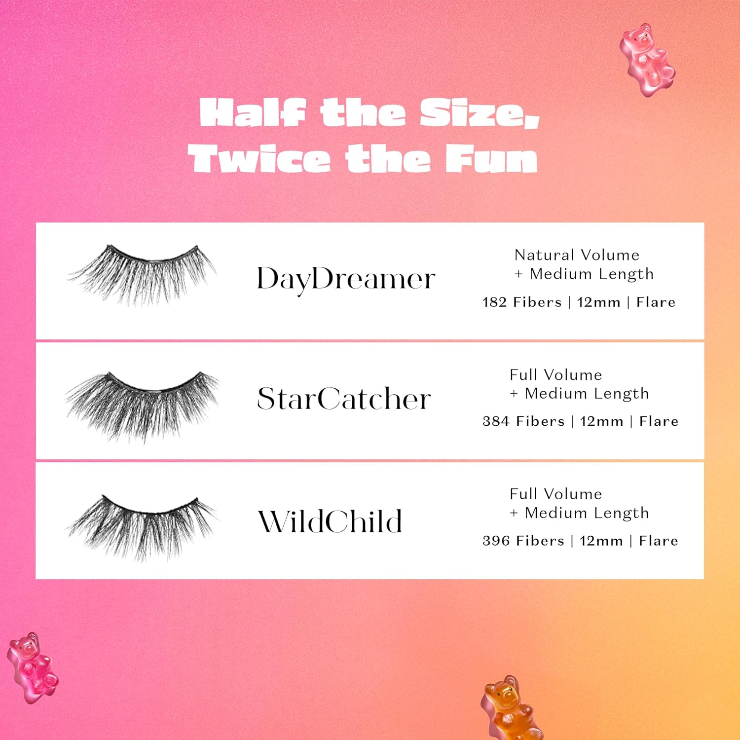 Guides customers in selecting the right eyelash style by comparing different options based on volume, length, and fiber count. Provides specific measurements and details for each eyelash style to…