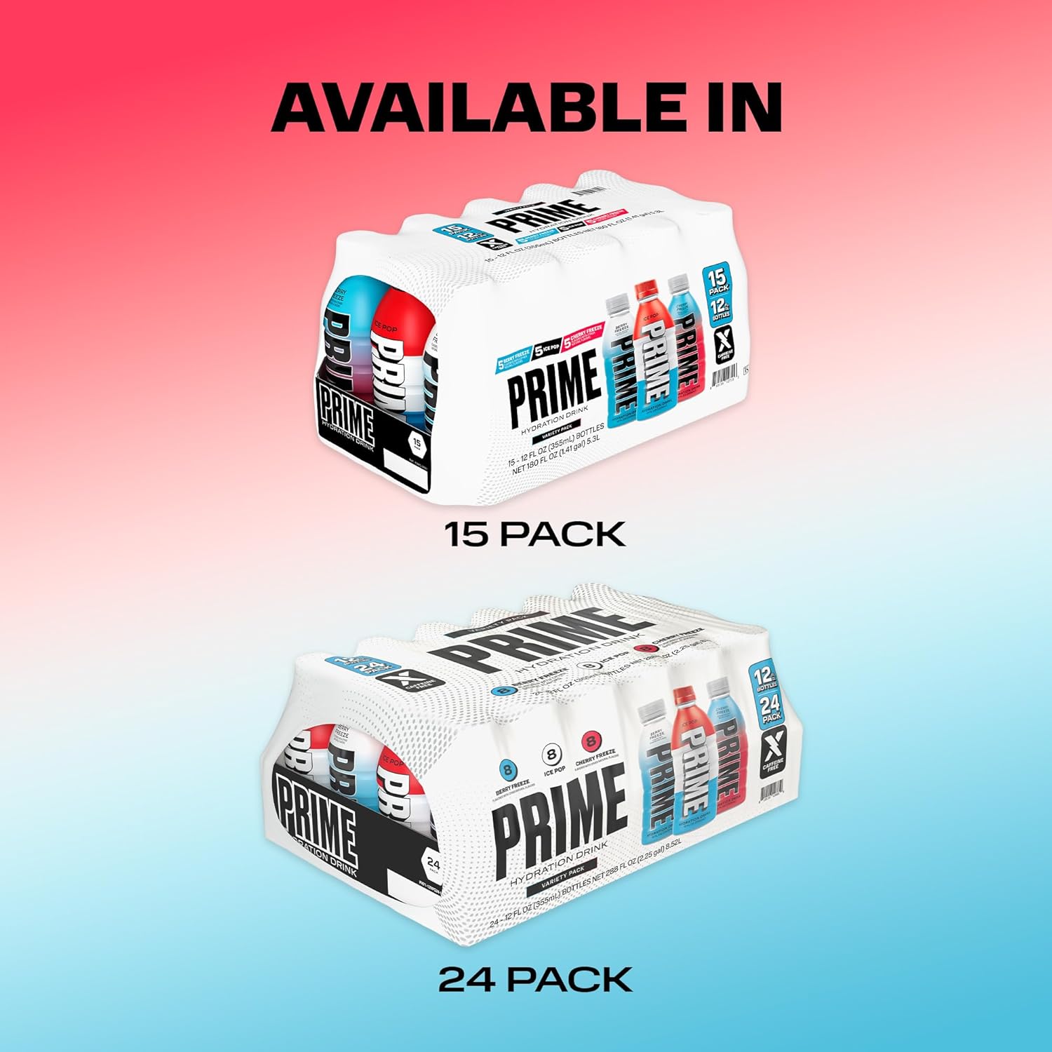 Shows customers the different pack sizes available for the Prime hydration drink, allowing them to choose between a 15-pack or 24-pack option.