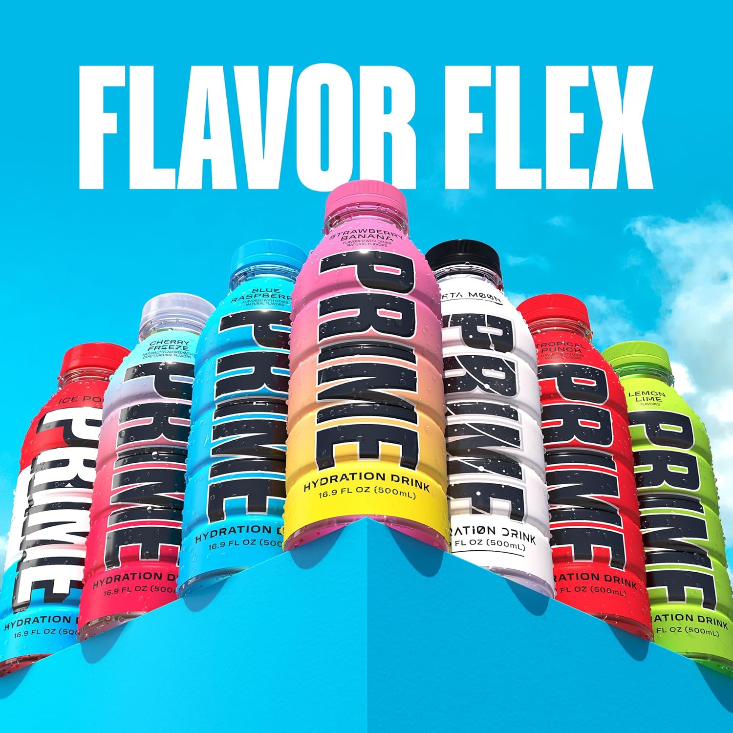 Showcases the variety of flavors available in the Prime hydration drink line, emphasizing product versatility and choice for consumers.