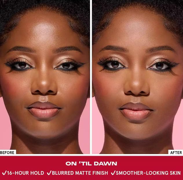 Demonstrates the long-lasting effect and skin-smoothing properties of the makeup product over time.