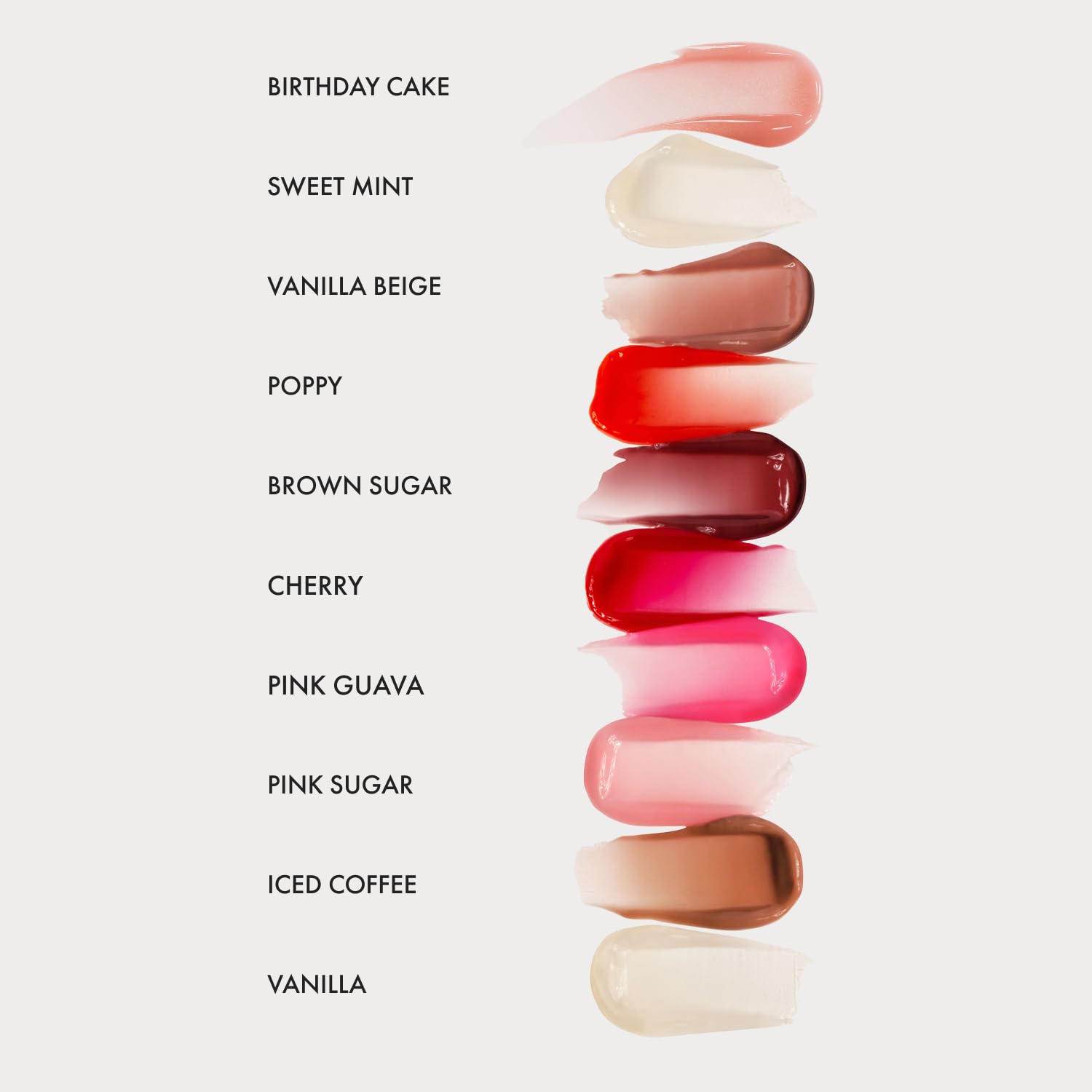 Guides shoppers in selecting the right lip color by displaying various shades with corresponding names.