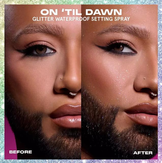 Demonstrates the visible glitter effect and waterproof setting capability of the spray on facial makeup.