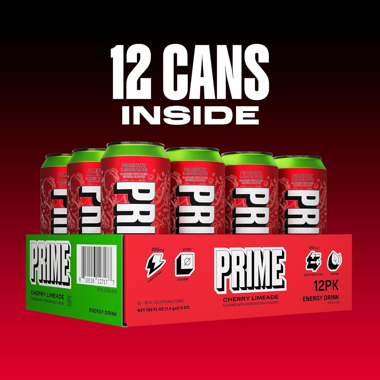 Shows the customer exactly what they receive: a 12-pack of Cherry Limeade flavored Prime energy drinks. Highlights key nutritional information and benefits of the product, including caffeine…