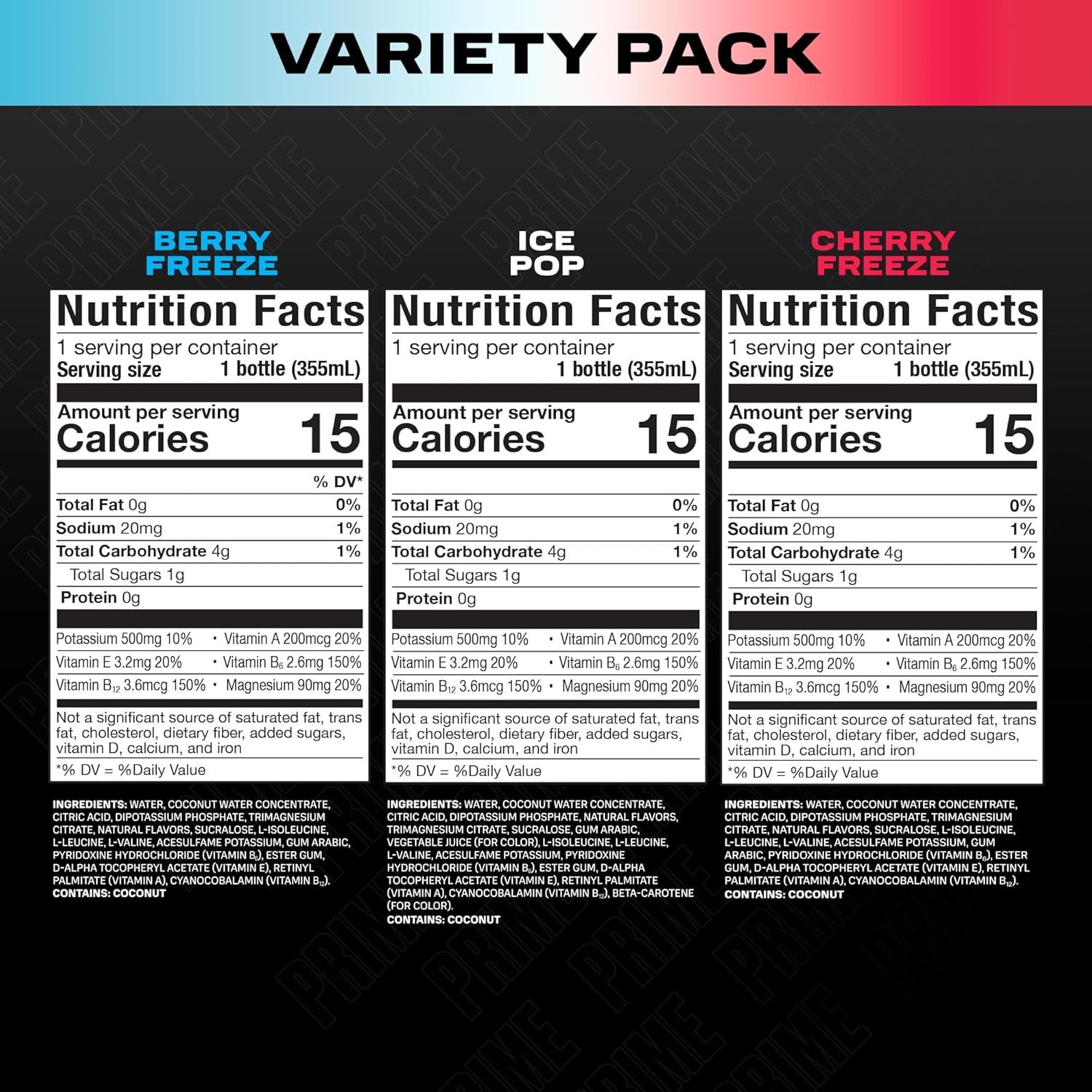 Shows the different flavors included in the variety pack, providing nutritional information for each to help customers understand the product options.