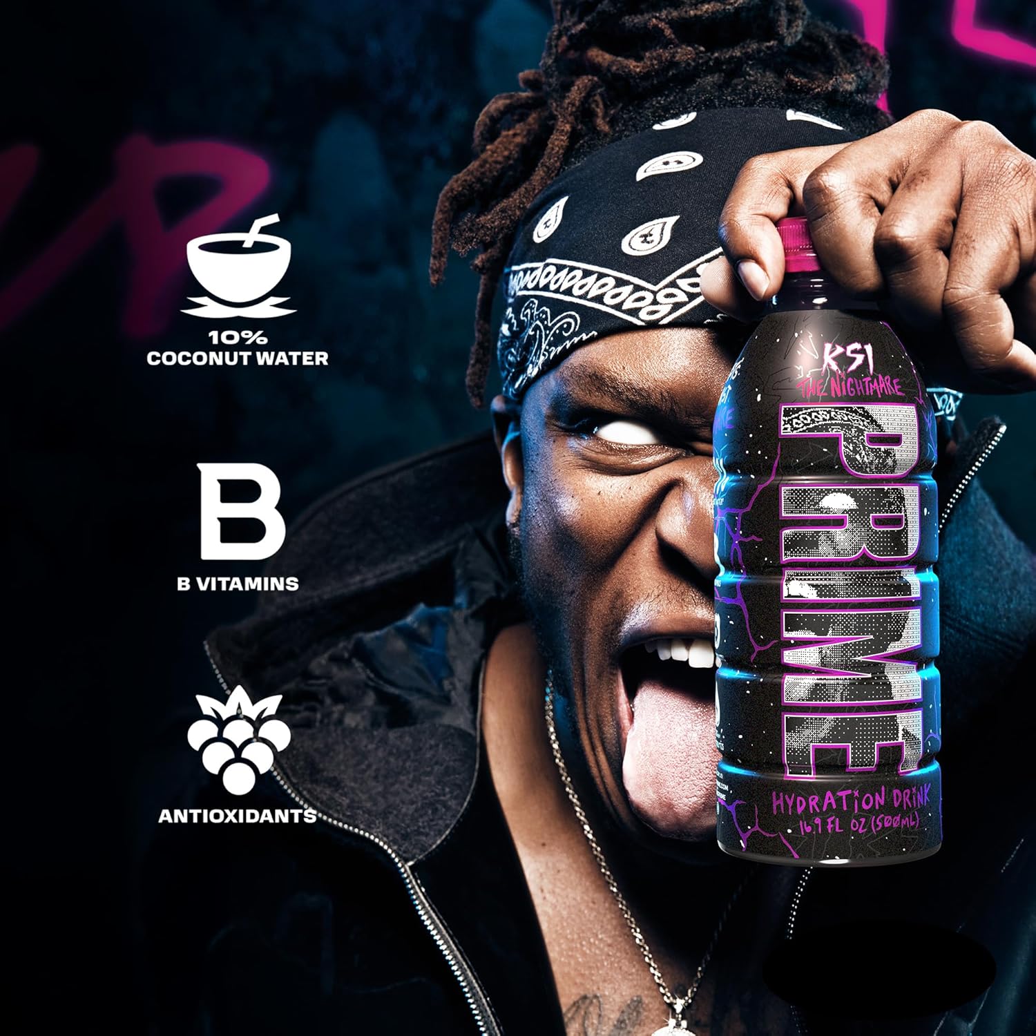 Highlights multiple health benefits of the drink, including hydration from coconut water, B vitamins, and antioxidants. Associates the product with a celebrity (KSI) and showcases the unique bottle…