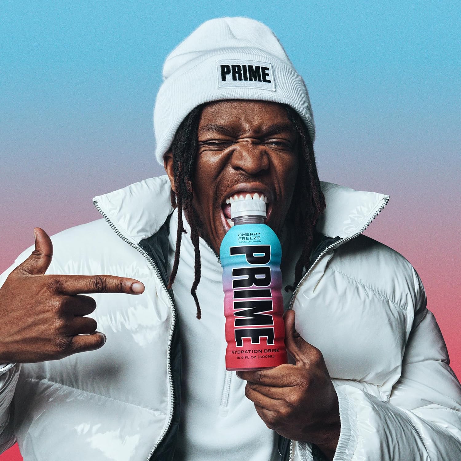 Shows a person enthusiastically consuming the product to convey its appeal and desirability.