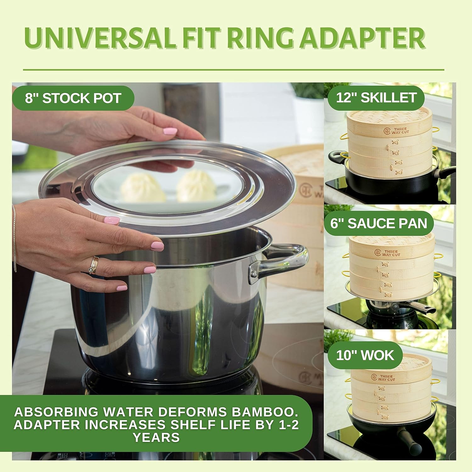 Demonstrates the versatility of the ring adapter by showing its compatibility with various cookware sizes and types. Highlights how the adapter prevents water absorption in bamboo steamers,…
