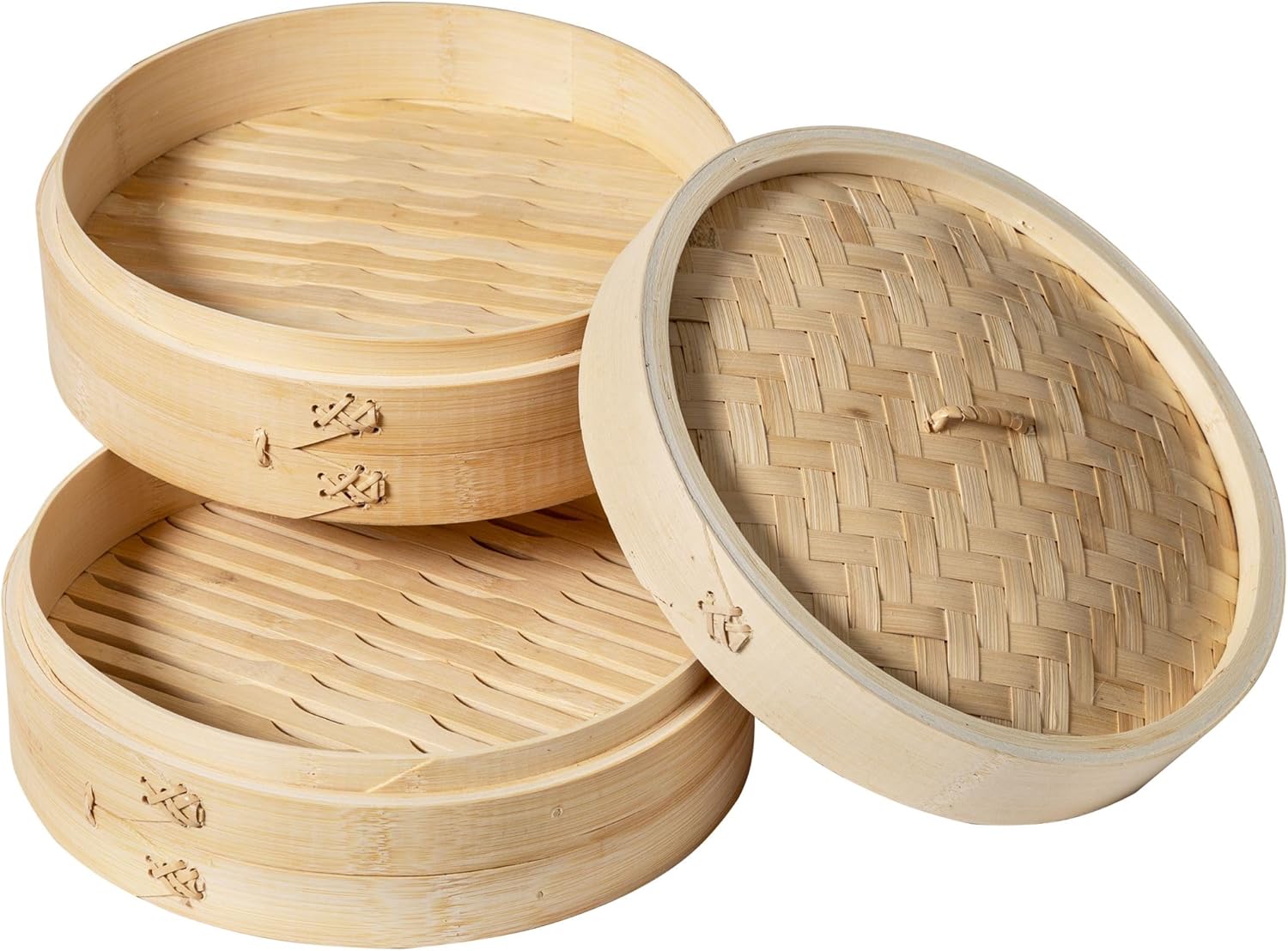 Shows the complete set of bamboo steamer baskets and lid that the customer will receive, demonstrating the product's components and stackable design.