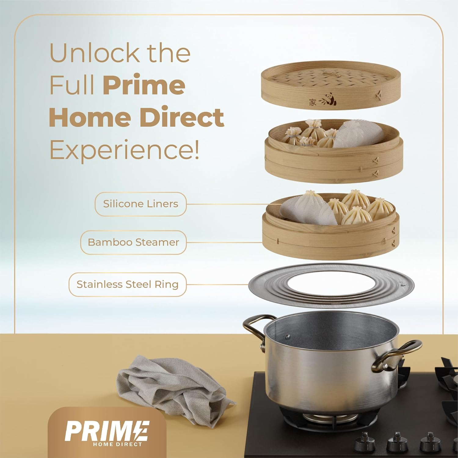 Shows all components included in the Prime Home Direct steamer set, highlighting the versatility and quality of materials used. Breaks down the different parts of the steamer set, showing how they…