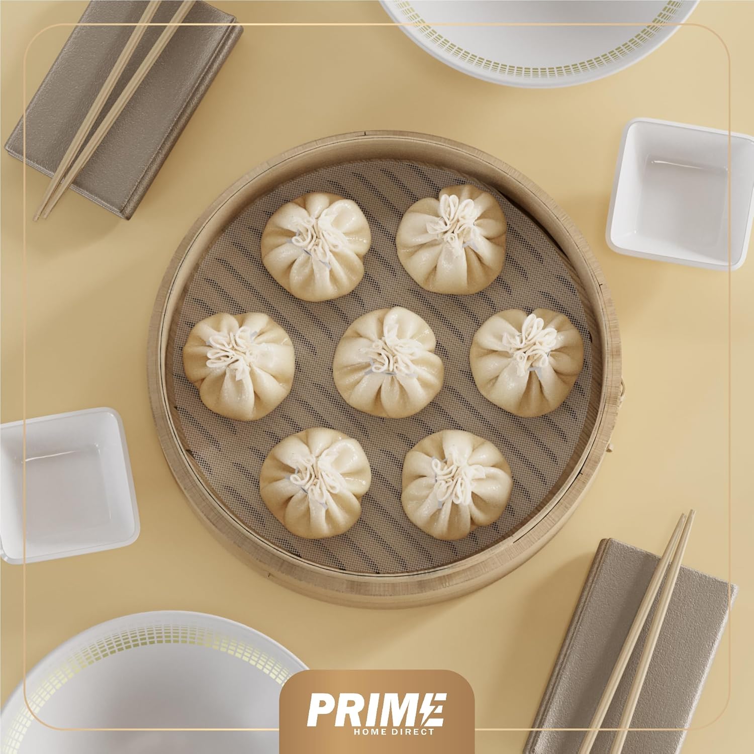 Shows the product (steamer basket with dumplings) in a real-world dining context to help shoppers visualize how it would be used in their own homes.